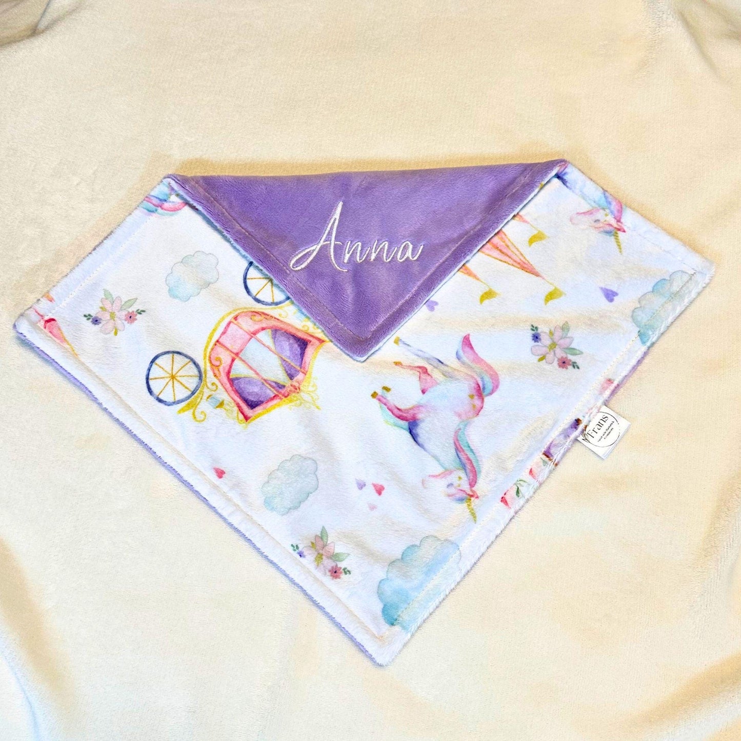 Personalized minky casles, unicorns and carriages baby blanket
