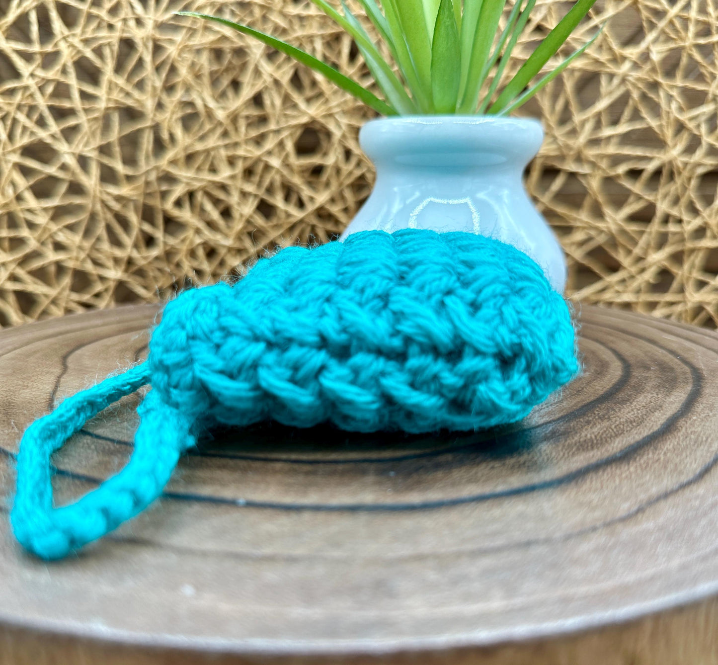 Blue Crocheted Wireless earbud case, compatible with AirPods, measures 3 T 3 H .25 D, Pretty Crochet Stitch Design