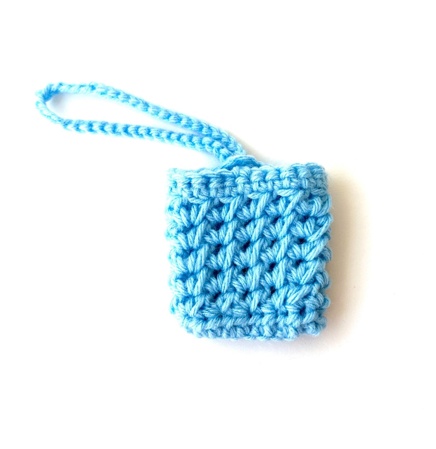 Blue Crocheted Wireless earbud case, compatible with AirPods, measures 3 T 3 H .25 D, Pretty Crochet Stitch Design