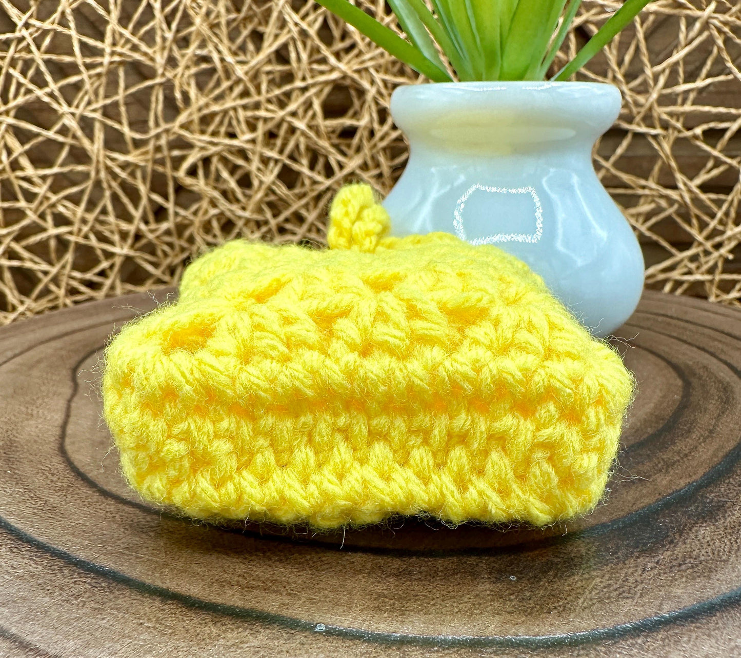 Yellow Crocheted Wireless earbud case, compatible with AirPods, measures 3 T 3 H .25 D, Pretty Granny Square Design