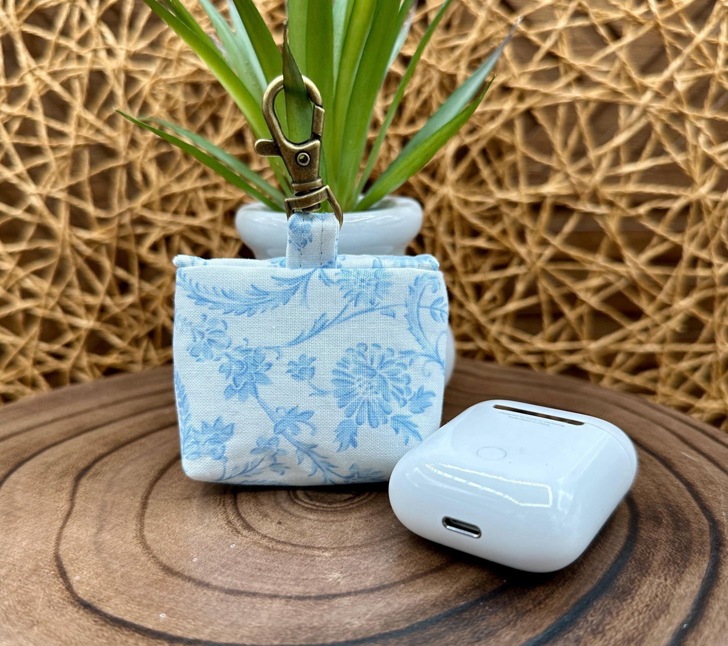 Wireless earbud case, Elegant Blue Vintage Coquette Fabric with Snap Closure and Swivel Clasp for Added Protection and Convenience, 3X3X.75"