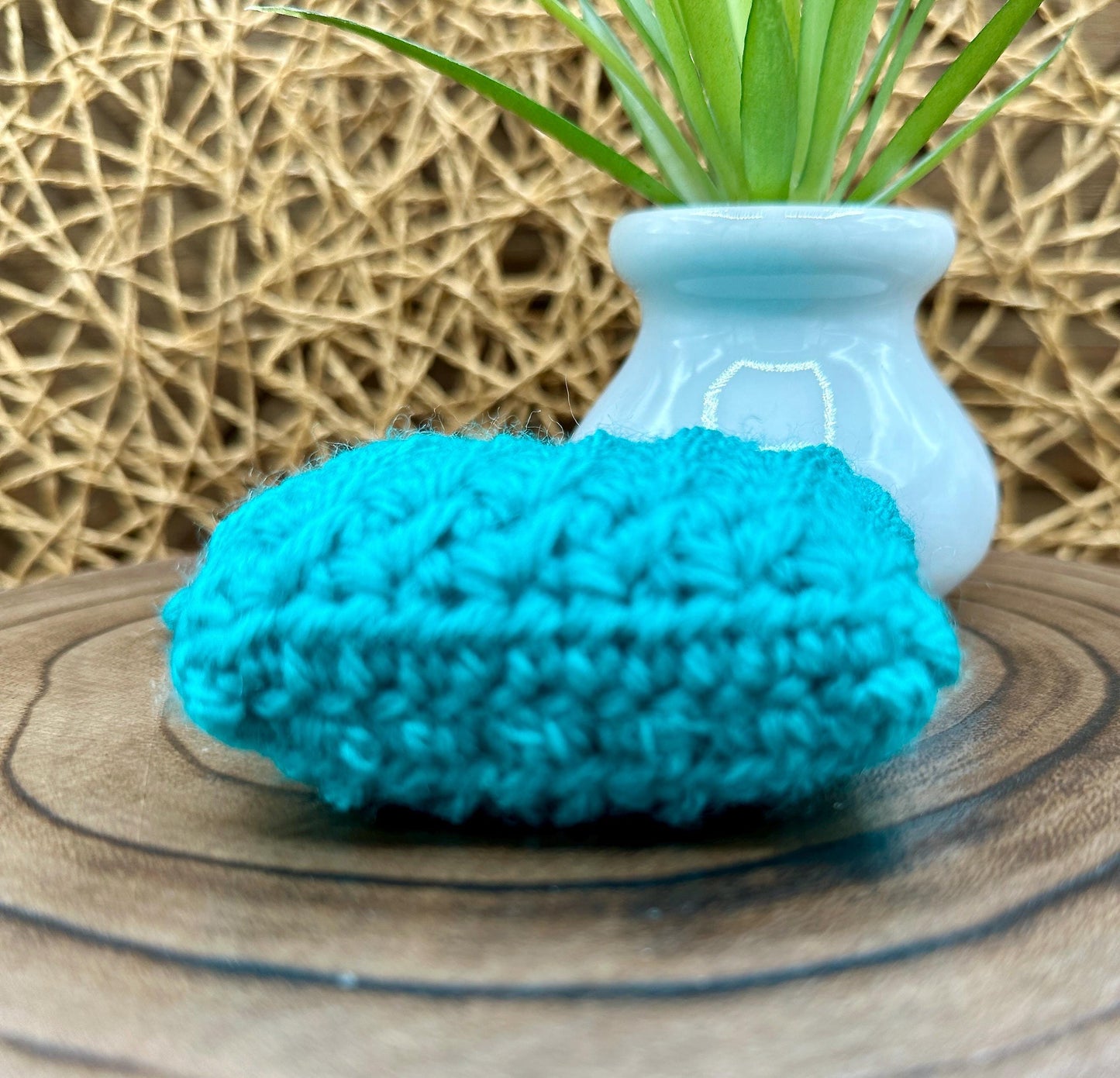 Blue Crocheted Wireless earbud case, compatible with AirPods, measures 3 T 3 H .25 D, Pretty Crochet Stitch Design