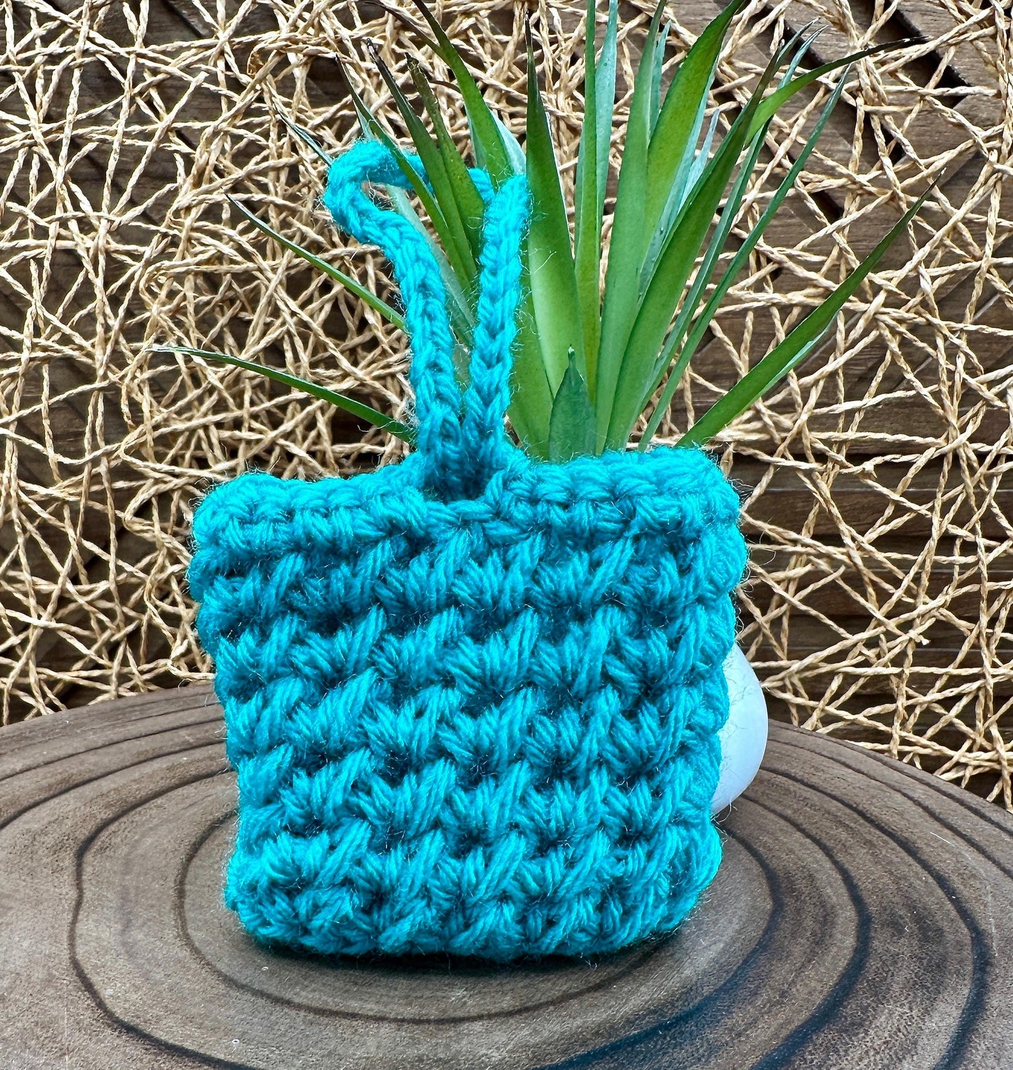Blue Crocheted Wireless earbud case, compatible with AirPods, measures 3 T 3 H .25 D, Pretty Crochet Stitch Design