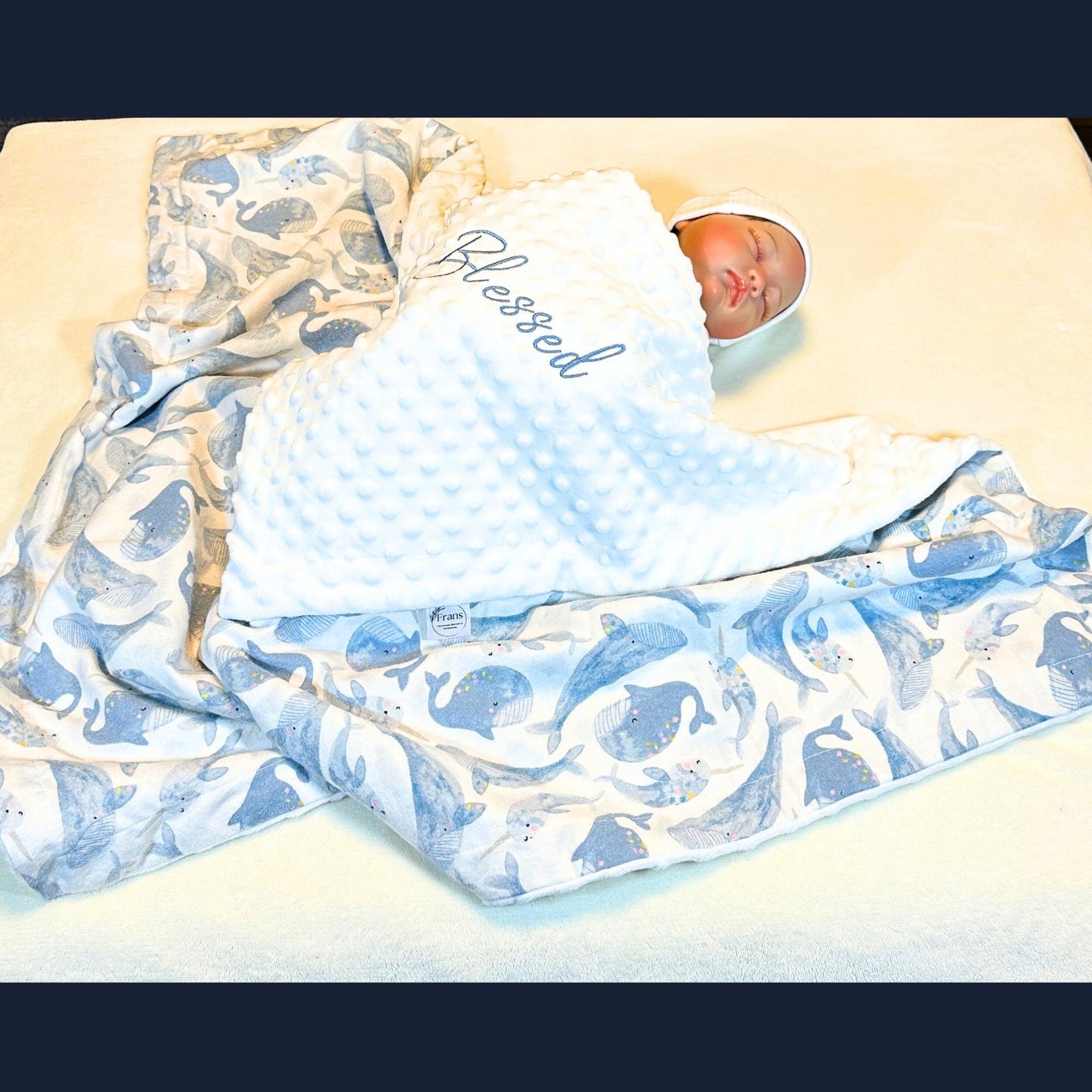 Luxury Whale-Themed Baby Blanket & Burp Cloth Gift Set, Stroller Blanket, Baby Gift Set