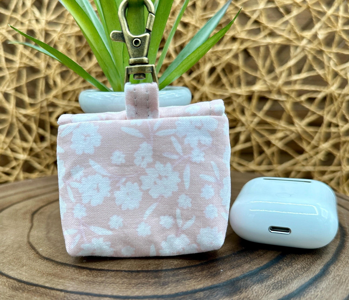 Wireless earbud case, Elegant Pink with Cream Flowers Fabric with Snap Closure and Swivel Clasp for Style and Convenience, 3X3X.75"