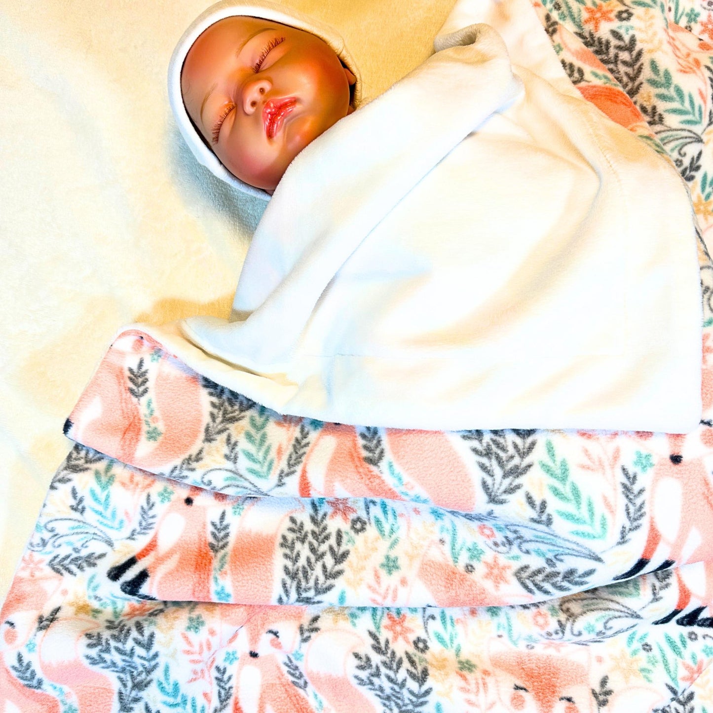 Peach Fox Fleece and Minky Handmade Baby Blanket - Soft, Luxurious Comfort for a baby shower gift- Stoller Blanket - Peachy nursery decor