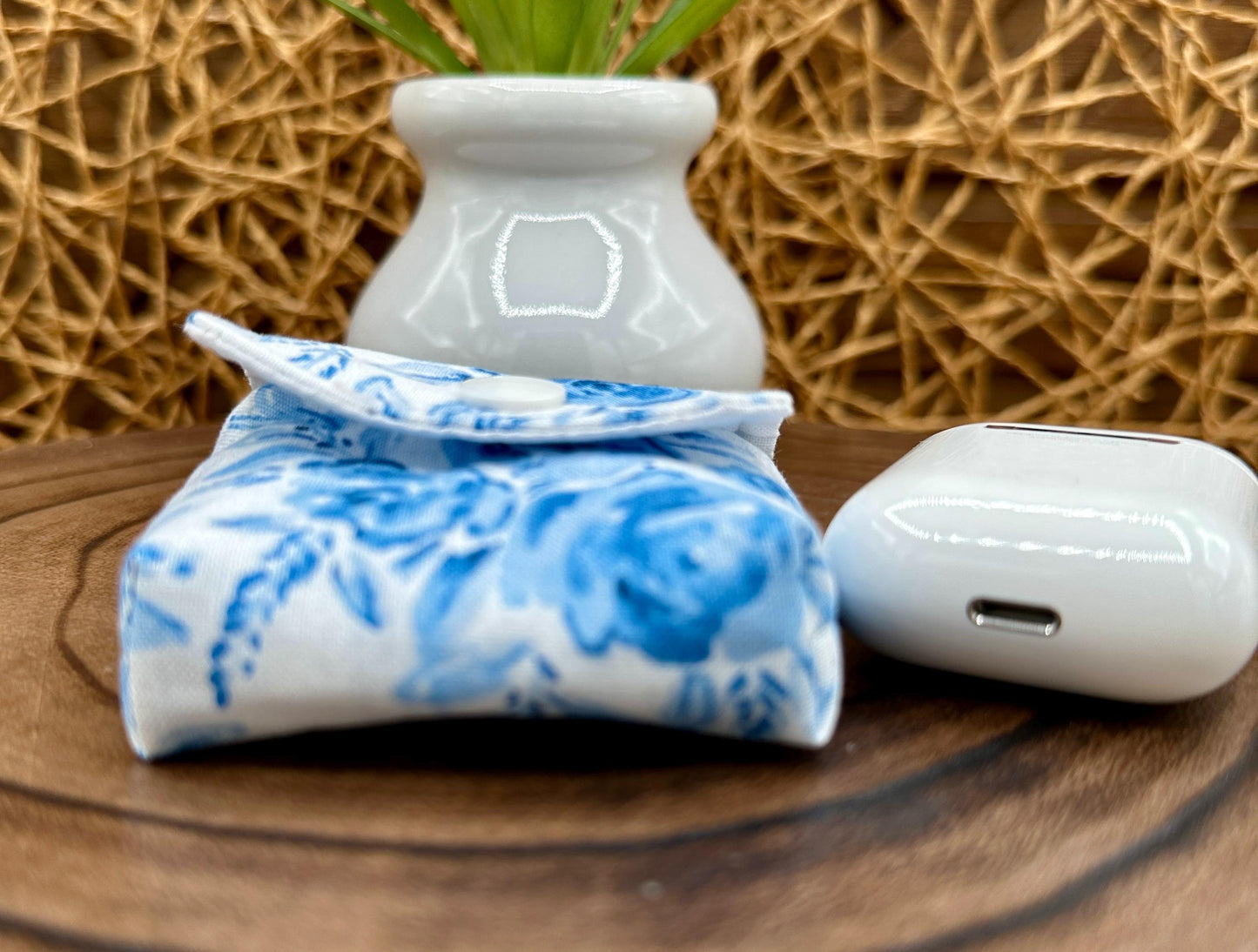 Wireless earbud case, Feminine Blue Floral Fabric with Snap Closure and Swivel Clasp for Stylish Protection and Convenience, 3X3X.75"