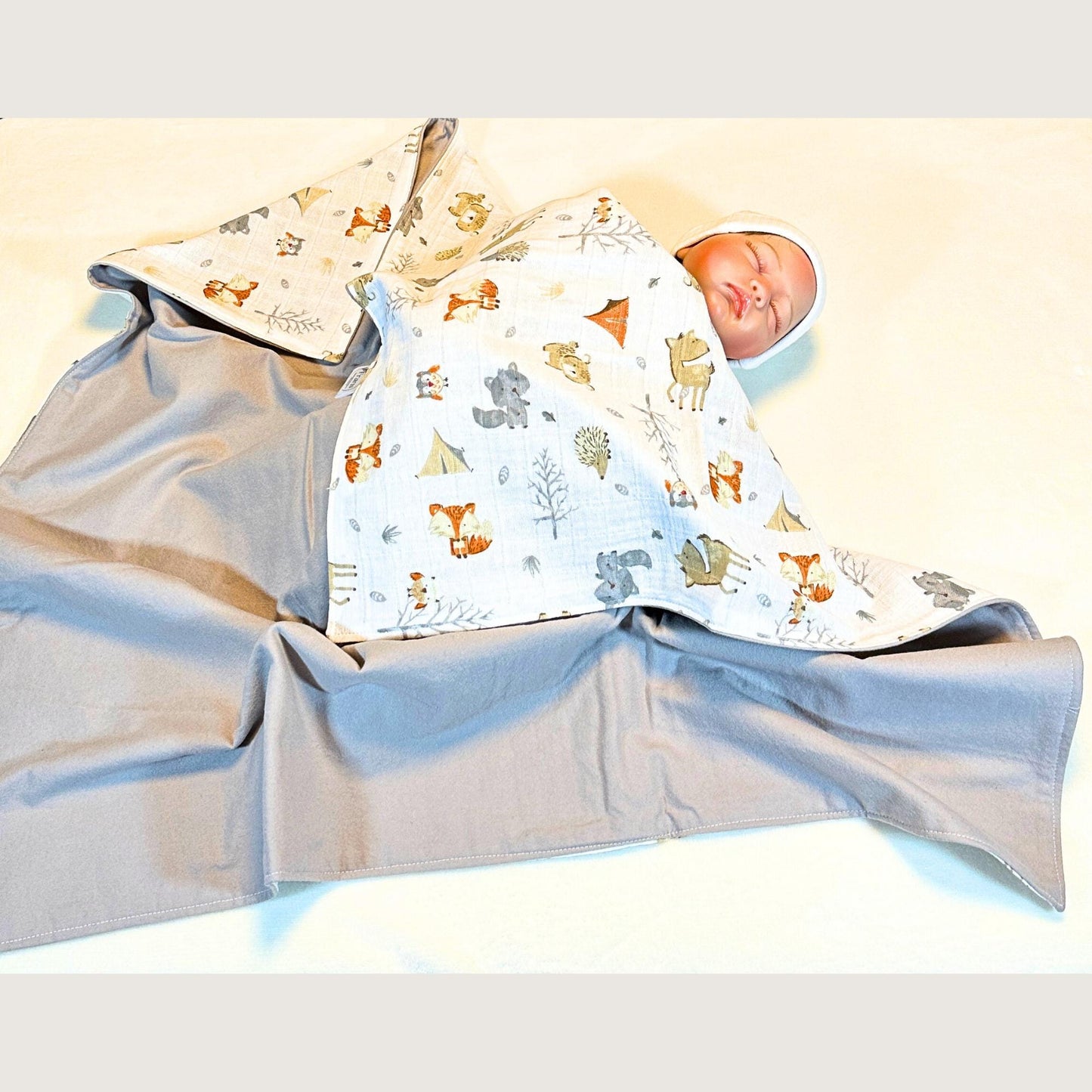 Whimsical Woodland Baby Blanket, Bib & Burp Cloth Set, Comfy Muslin and Flannel