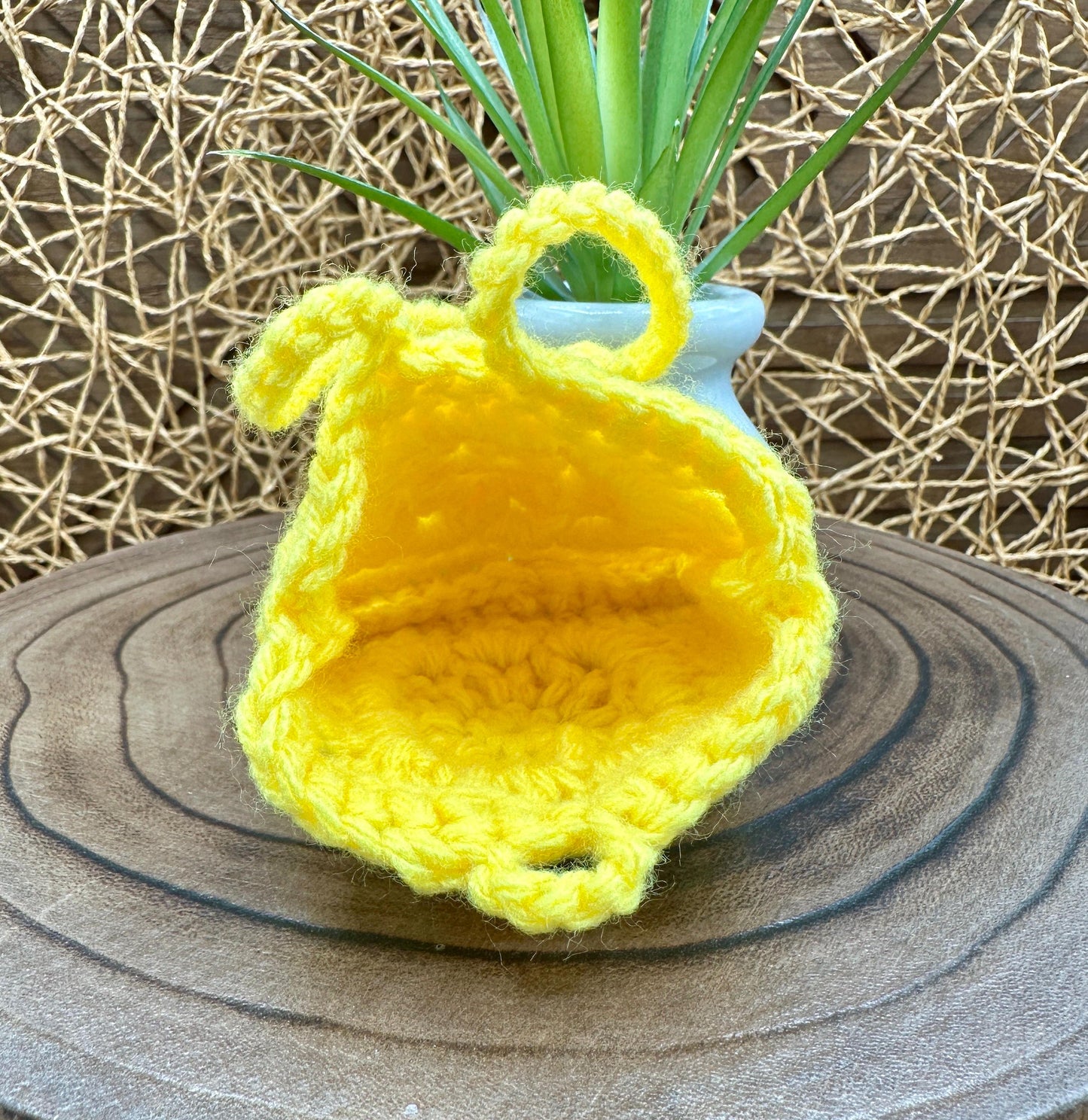 Yellow Crocheted Wireless earbud case, compatible with AirPods, measures 3 T 3 H .25 D, Pretty Raised Flower Granny Square Design