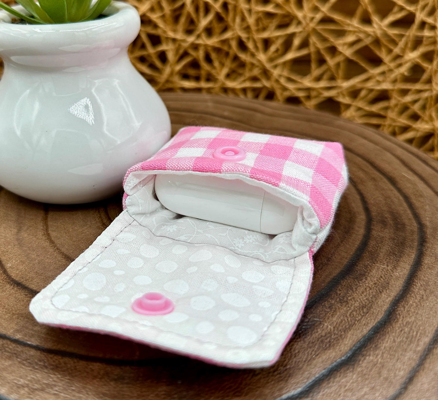 Wireless earbud case, Super Cute Pink Gingham Fabric with snap closure and swivel clasp for added protection and convenience, 3X3X.75"