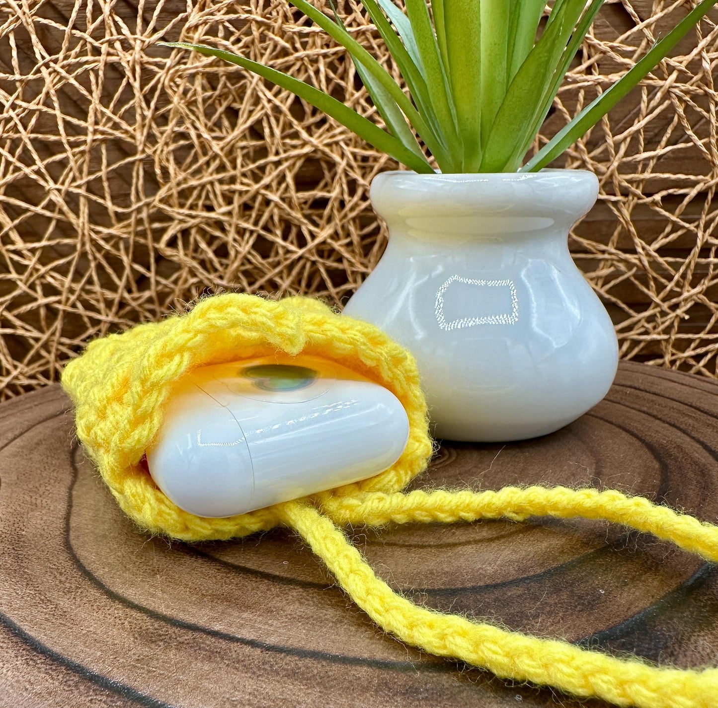 Yellow Crocheted Wireless earbud case, compatible with AirPods, measures 3 T 3 H .25 D, Pretty Granny Square Design