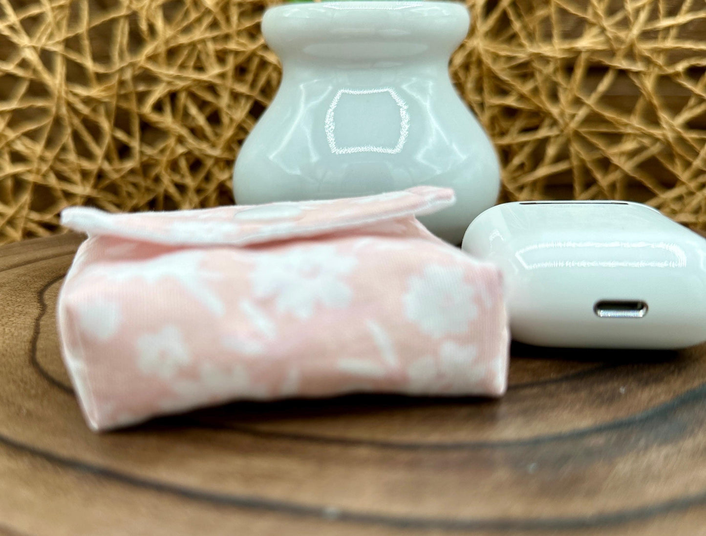 Wireless earbud case, Elegant Pink with Cream Flowers Fabric with Snap Closure and Swivel Clasp for Style and Convenience, 3X3X.75"