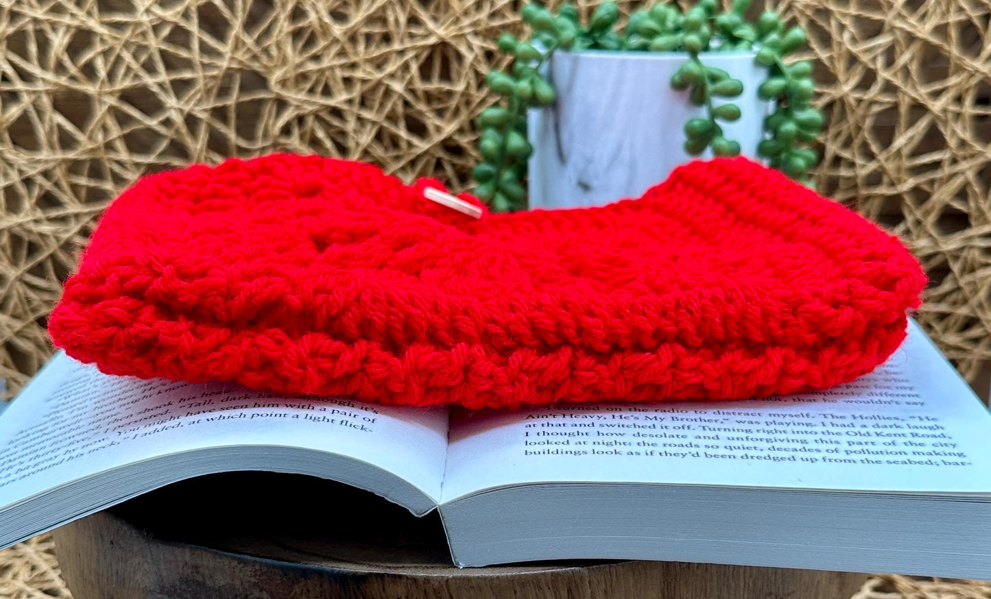 Book Sleeve Soft Crochet in Red Yarn Featuring a Classic Floral Granny Square Design Secure Wood Button Closure, Measures about 9X6"
