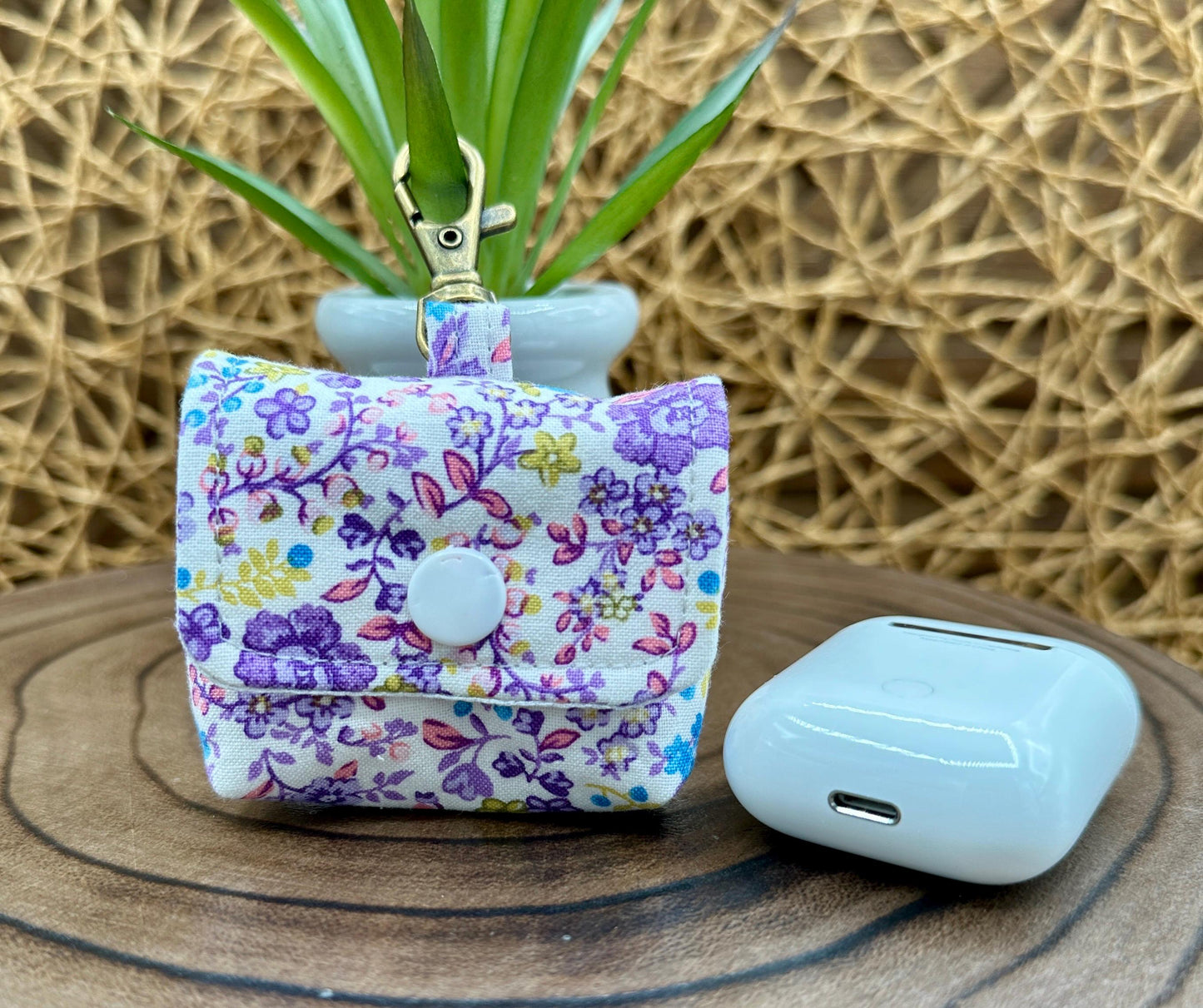 Wireless earbud case, Cute Purple and Yellow floral fabric with snap closure and swivel clasp for added protection and convenience, 3X3X.75"