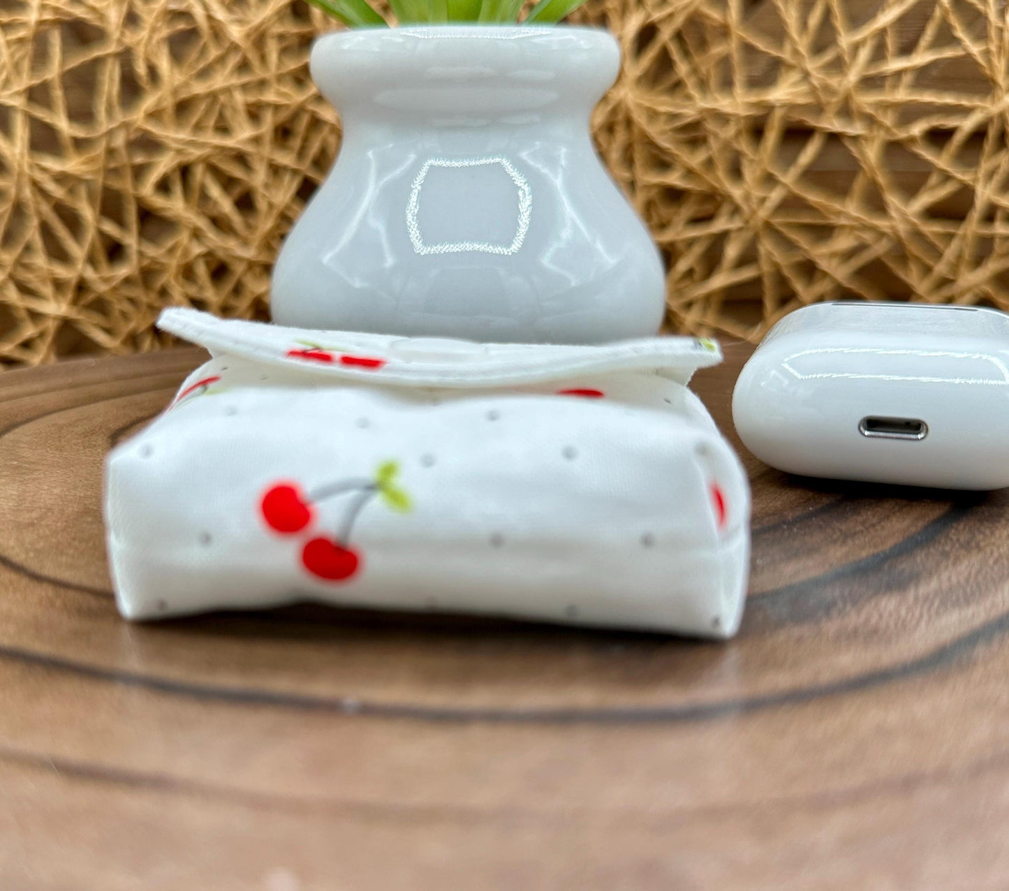 Wireless earbud case, Red Cherry Print Fabric with snap closure and swivel clasp for added protection and convenience, 3X3X.75"