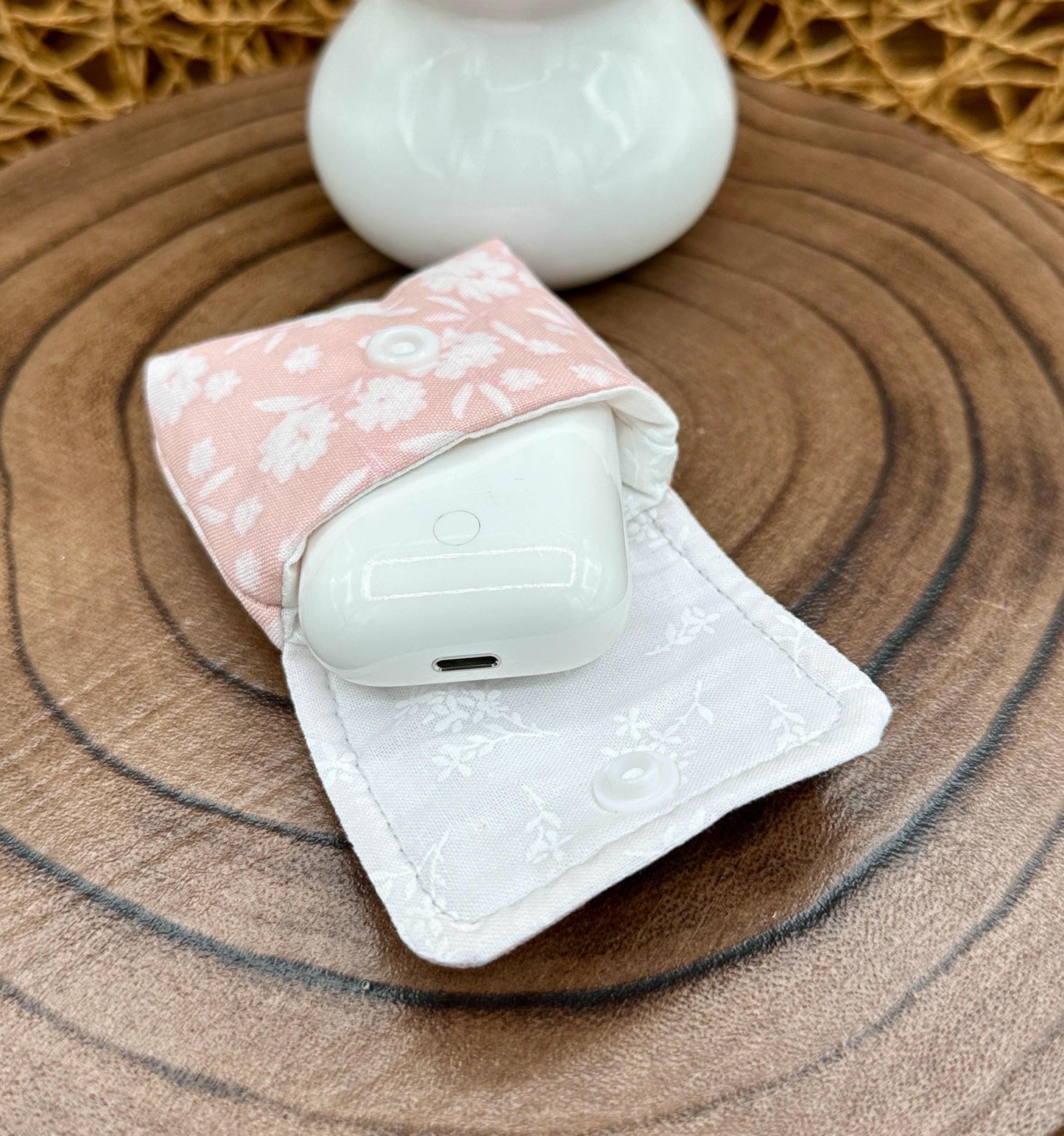Wireless earbud case, Elegant Pink with Cream Flowers Fabric with Snap Closure and Swivel Clasp for Style and Convenience, 3X3X.75"