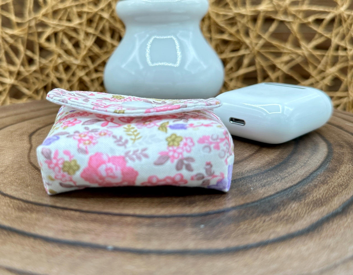 Wireless earbud case, Dainty Lilac and Pink floral fabric with snap closure and swivel clasp for added protection and convenience, 3X3X.75"