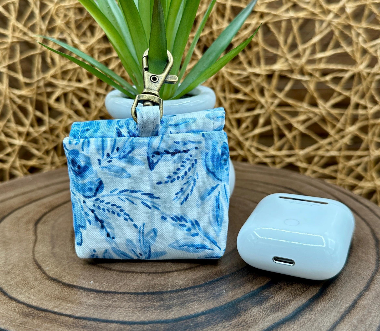 Wireless earbud case, Feminine Blue Floral Fabric with Snap Closure and Swivel Clasp for Stylish Protection and Convenience, 3X3X.75"