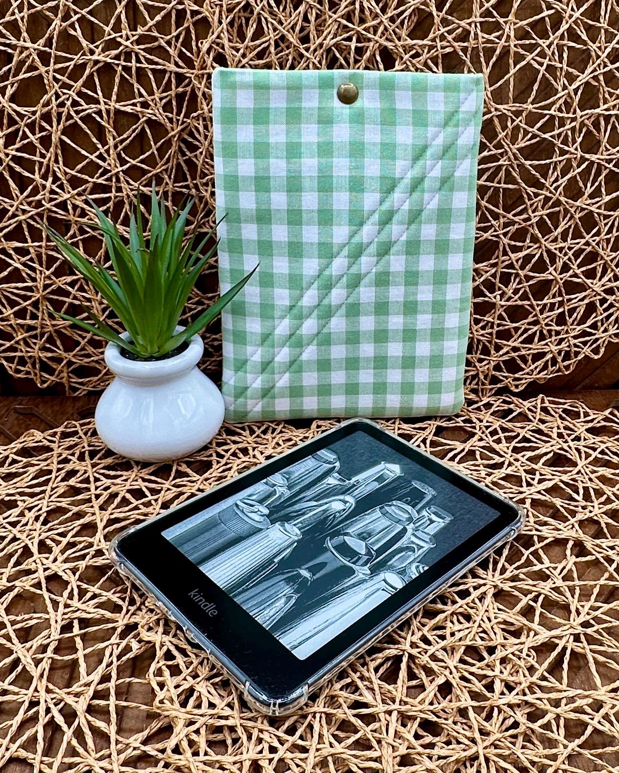 Kindle Paperwhite Sleeve - Cute White and Green Gingham Print, Foam Padded Device Cover, Add Snap and personalization for a custom look!