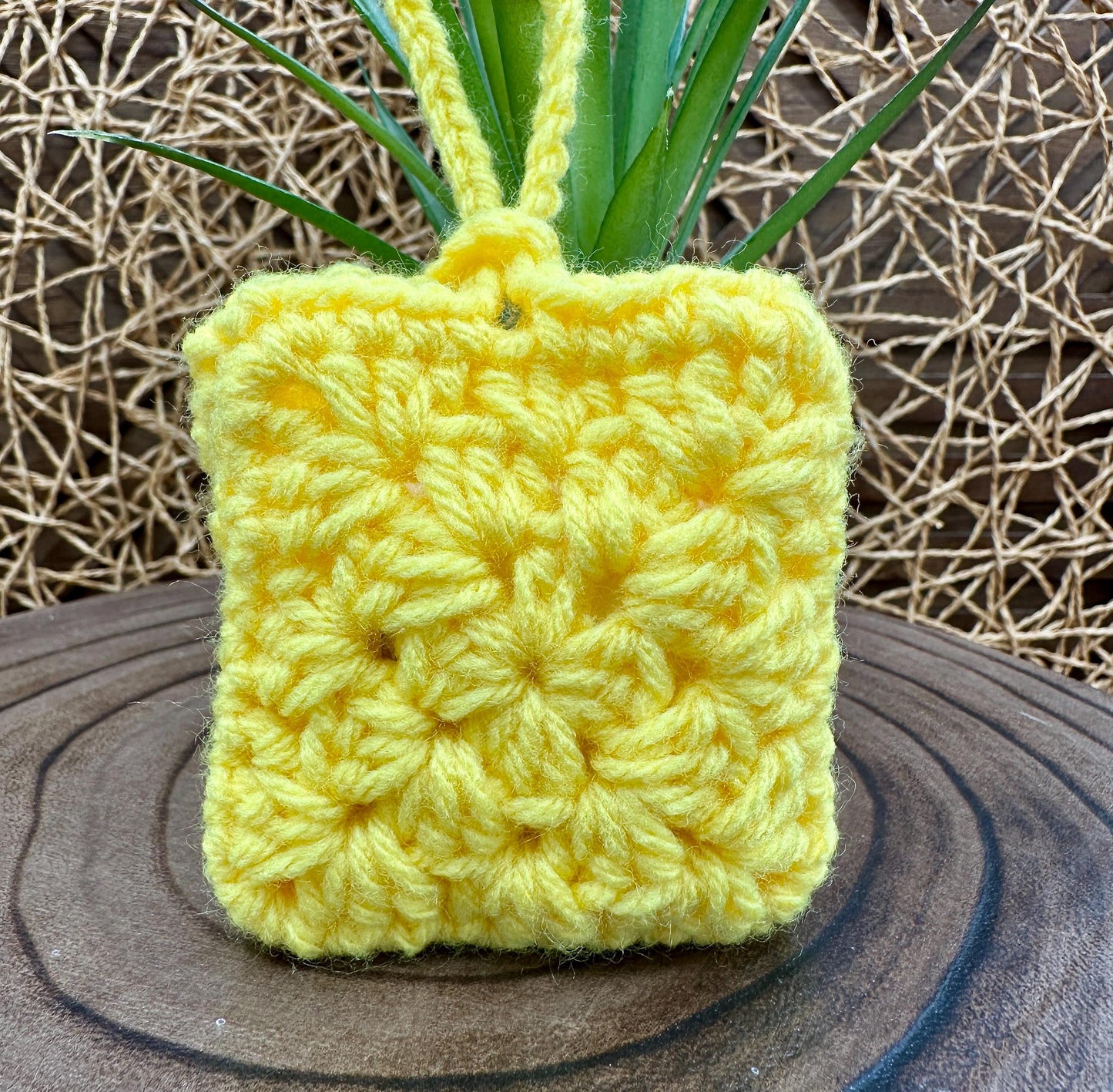 Yellow Crocheted Wireless earbud case, compatible with AirPods, measures 3 T 3 H .25 D, Pretty Granny Square Design