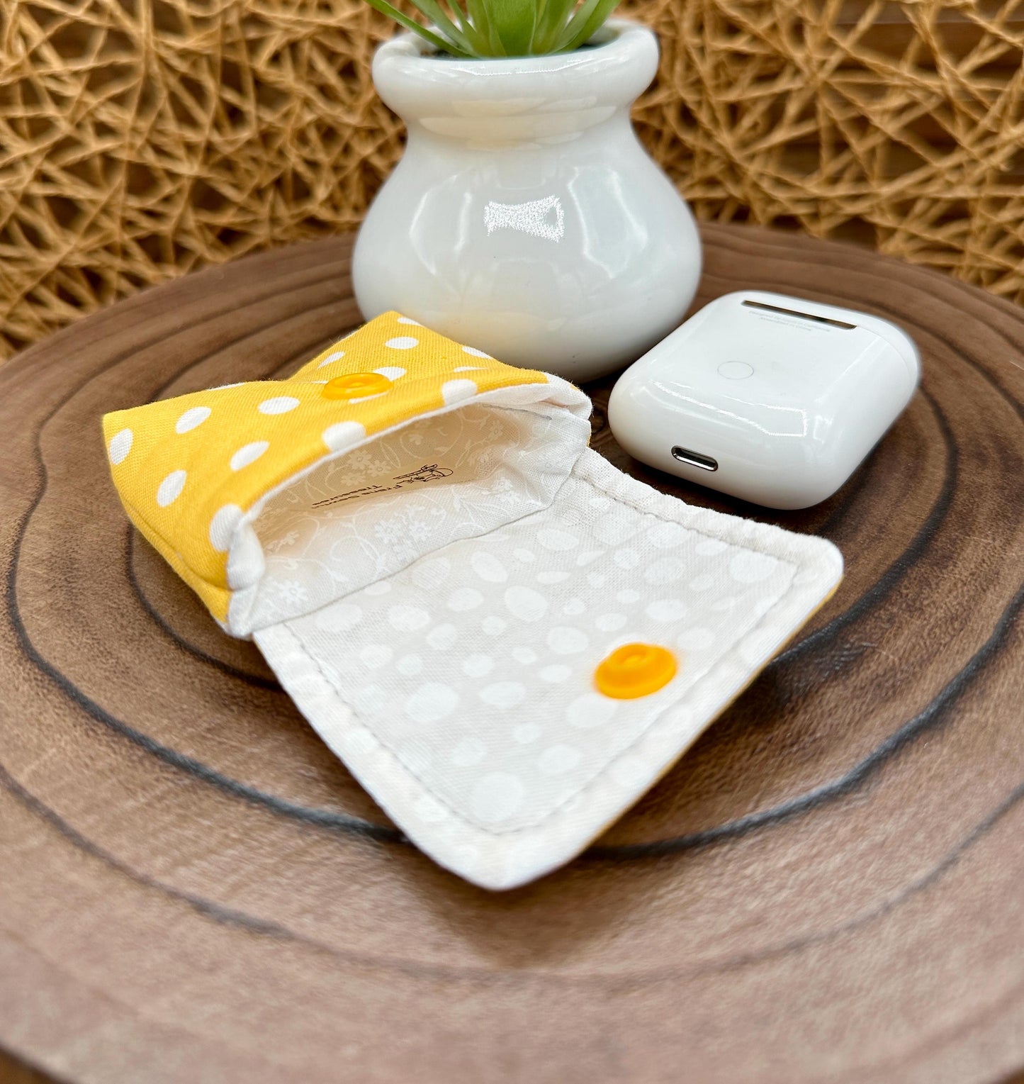 Wireless earbud case, Sunny Yellow with White Polka Dot Fabric with snap closure and swivel clasp for protection and convenience, 3X3X.75"