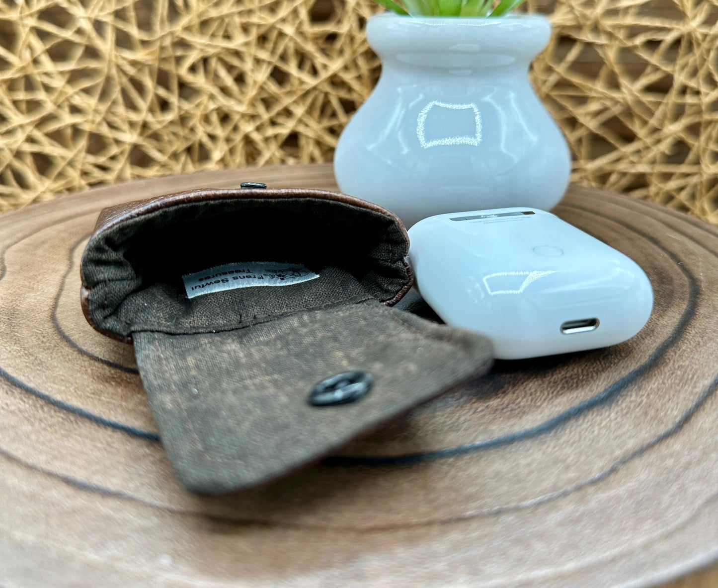Brown Faux Leather Wireless earbud case, compatible with AirPods, snap closure swivel clasp included for easy and secure carry, 3X3X.75"