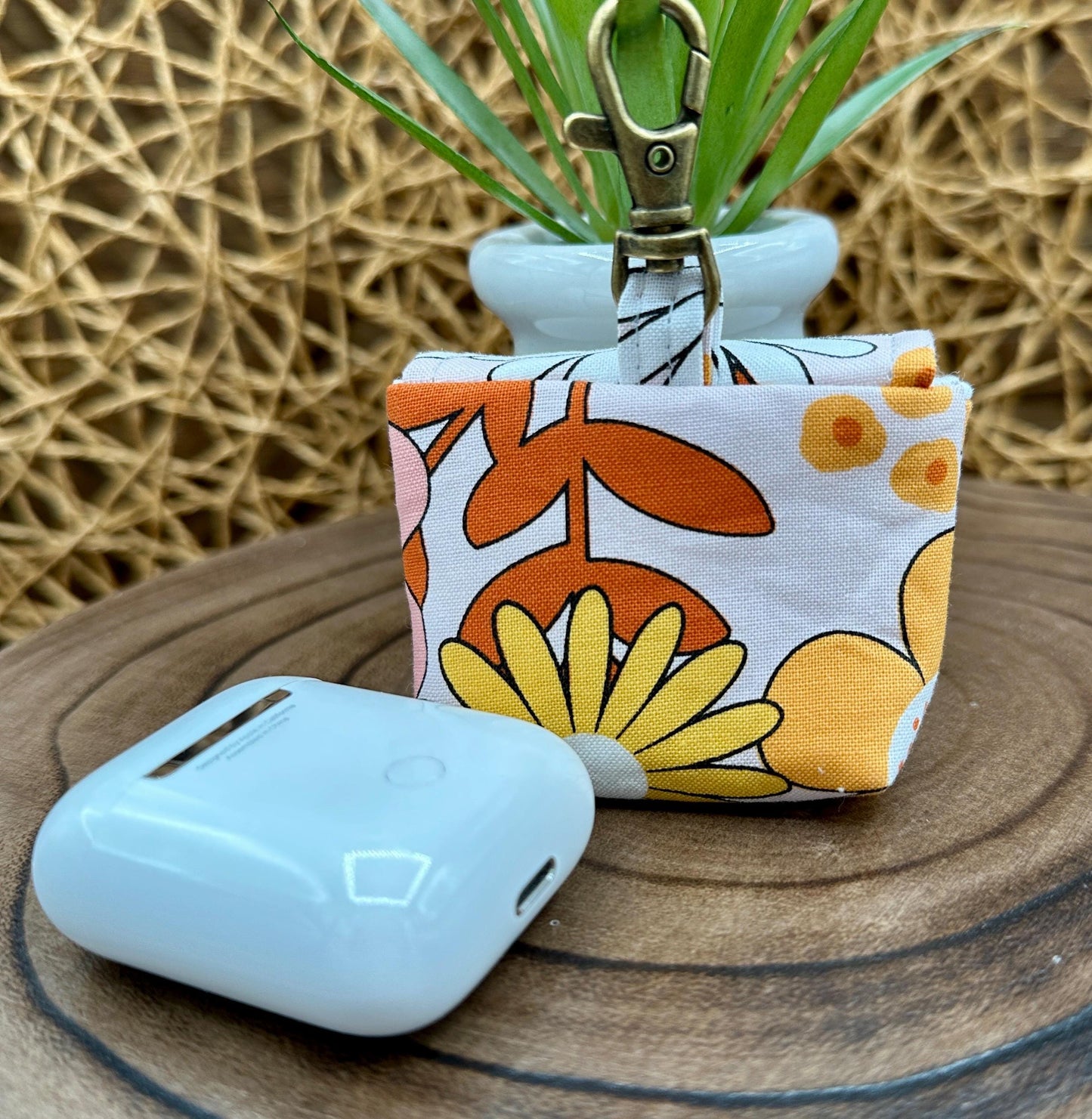 Wireless earbud case, Groovy Flower Power Fabric with snap closure and swivel clasp for Stylish protection and convenience, 3X3X.75"