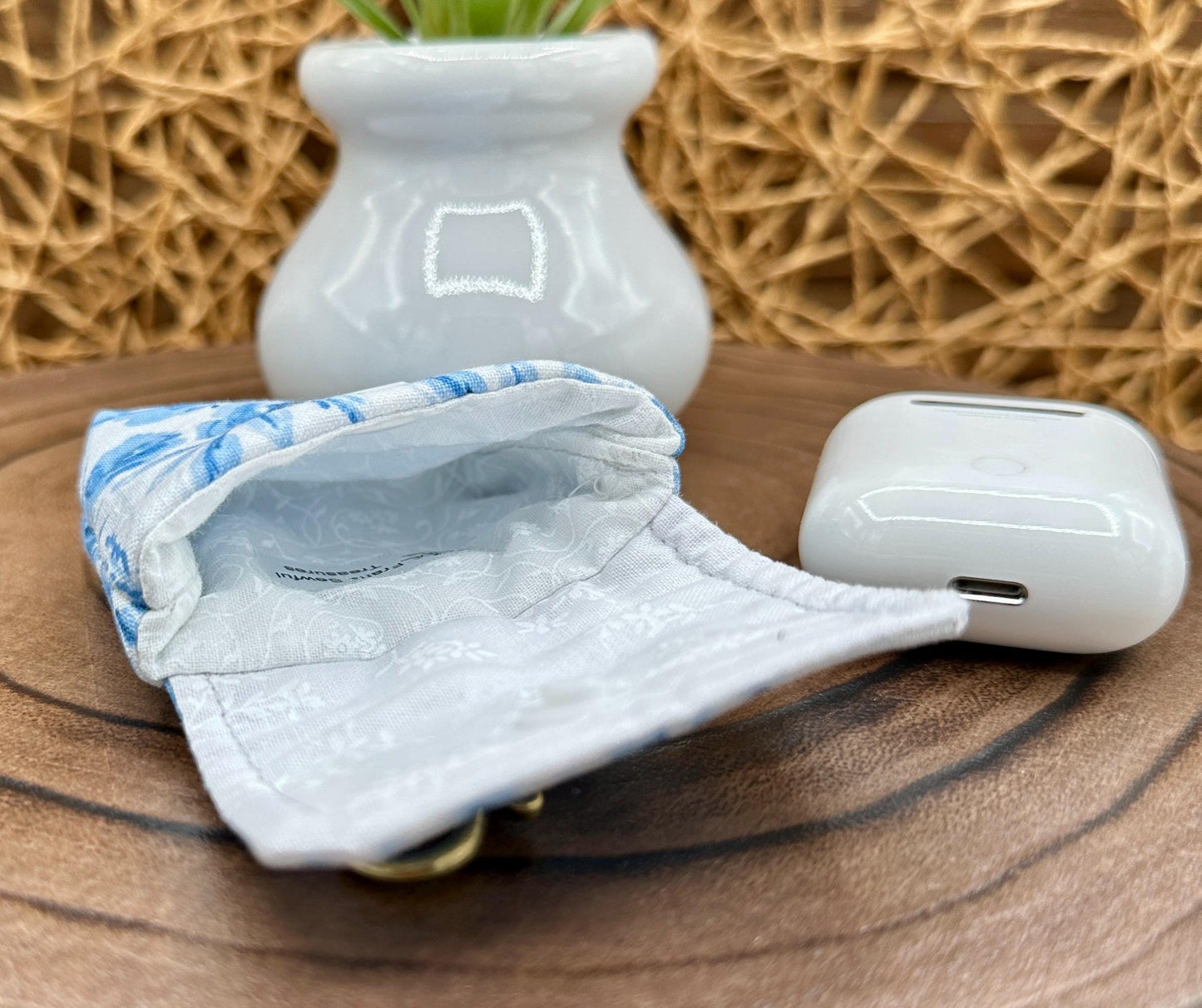 Wireless earbud case, Feminine Blue Floral Fabric with Snap Closure and Swivel Clasp for Stylish Protection and Convenience, 3X3X.75"