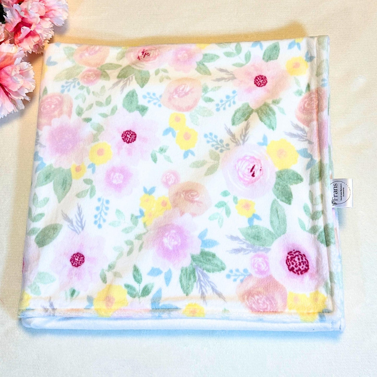 Pink Floral Minky and Flannel Baby Blanket, Dreamy Floral Minky Baby Wrap, Soft Floral Minky Snuggle Blanket, Plush Stroller Blanket