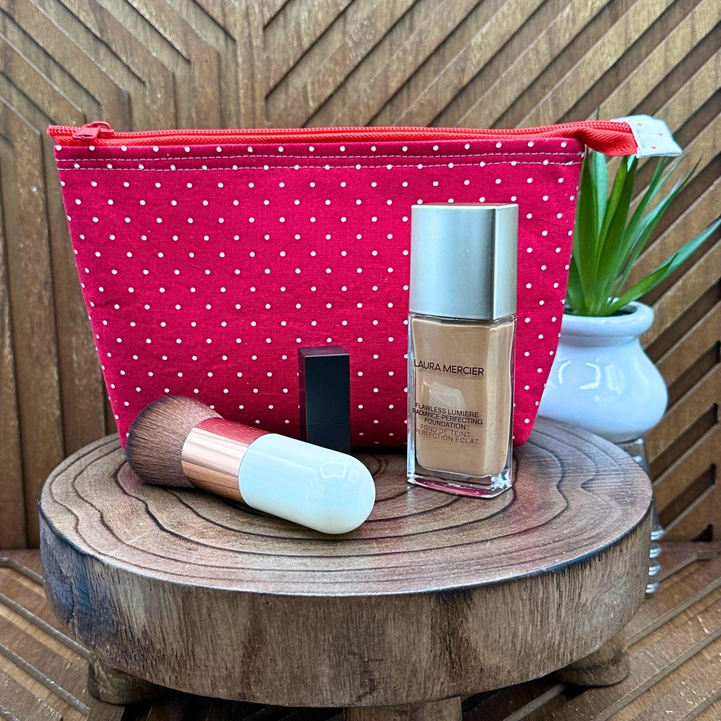 Stylish Red Polka Dot Travel Makeup Bag: Ideal for Cosmetics, Gadgets, and Essentials"