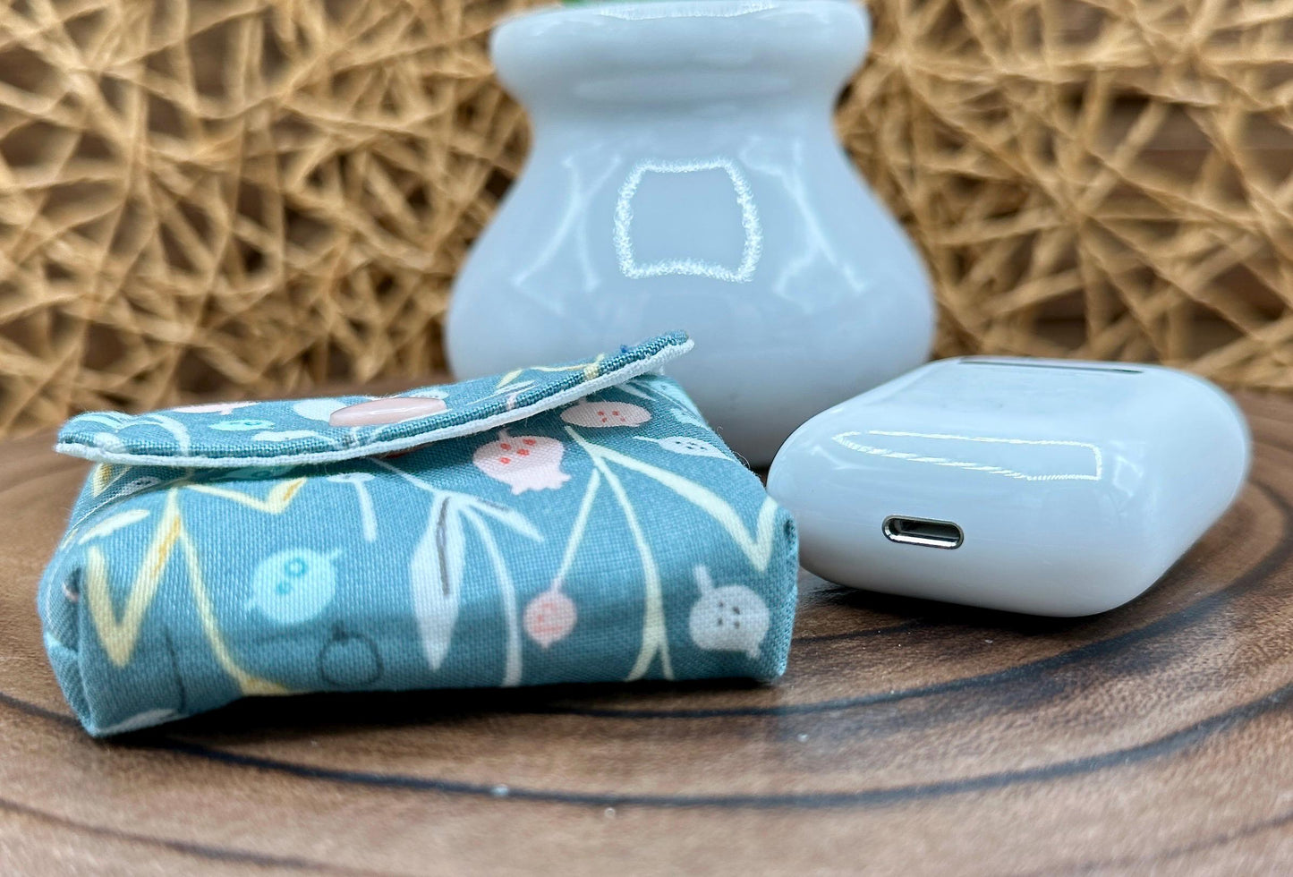 Wireless earbud case, Boho Green Floral fabric with snap closure and swivel clasp for protection and convenience, 3X3X.75"