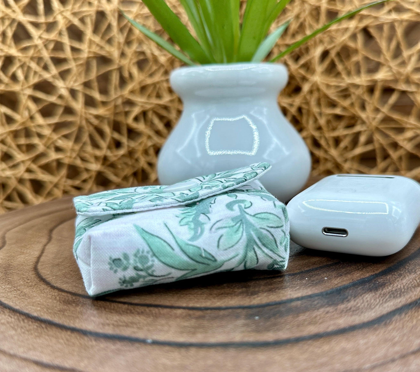 Wireless earbud case, Elegant Green Floral fabric with snap closure and swivel clasp for protection and convenience, 3X3X.75"