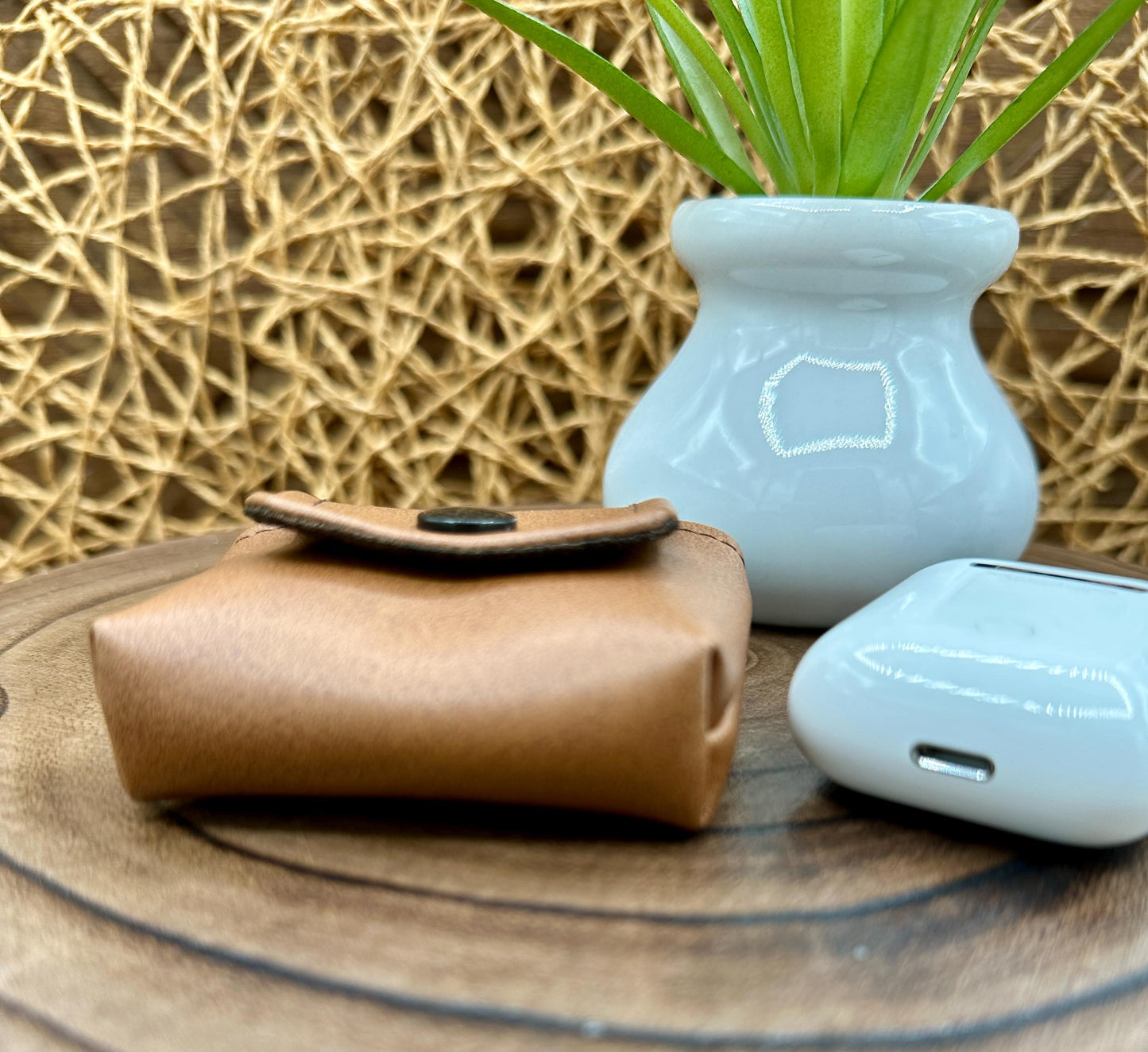 Brown Faux Leather Wireless earbud case, compatible with AirPods, snap closure swivel clasp included for easy and secure carry, 3X3X.75"