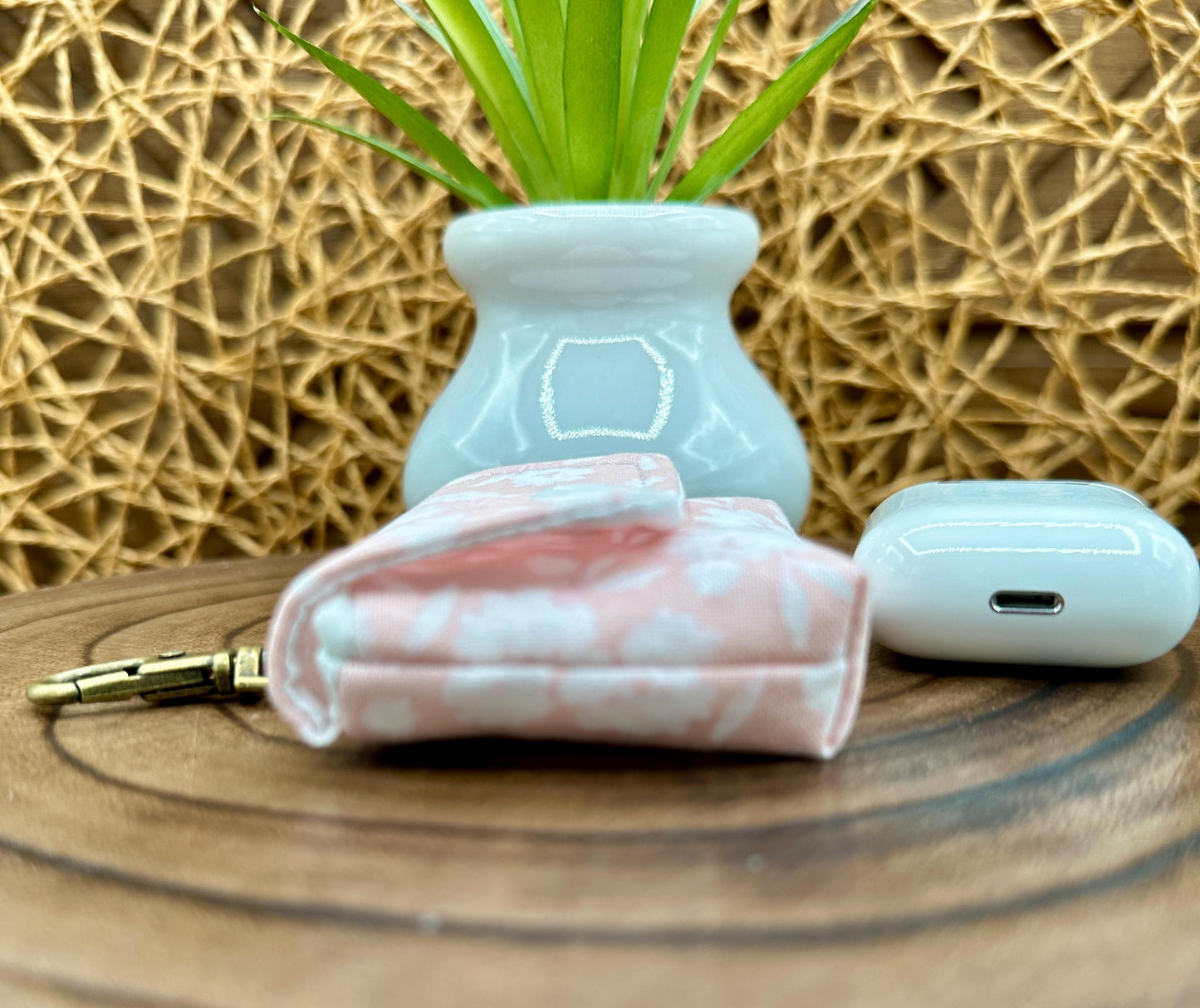 Wireless earbud case, Elegant Pink with Cream Flowers Fabric with Snap Closure and Swivel Clasp for Style and Convenience, 3X3X.75"