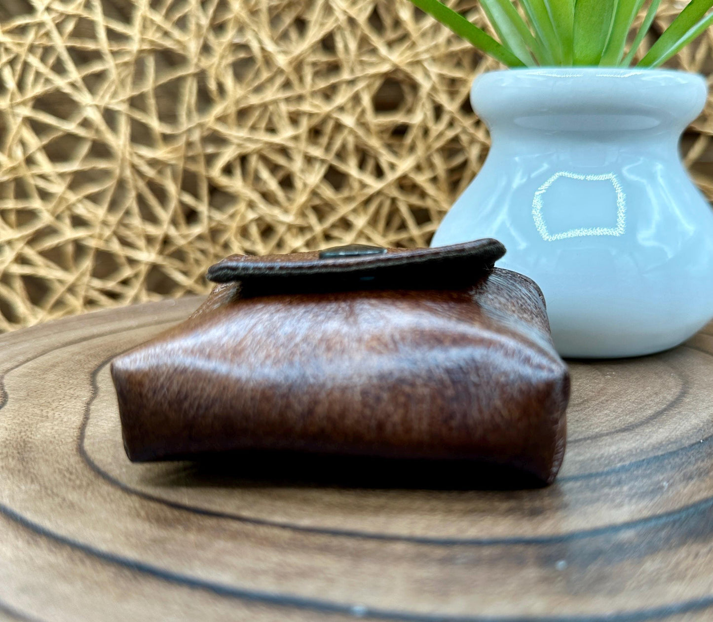 Brown Faux Leather Wireless earbud case, compatible with AirPods, snap closure swivel clasp included for easy and secure carry, 3X3X.75"