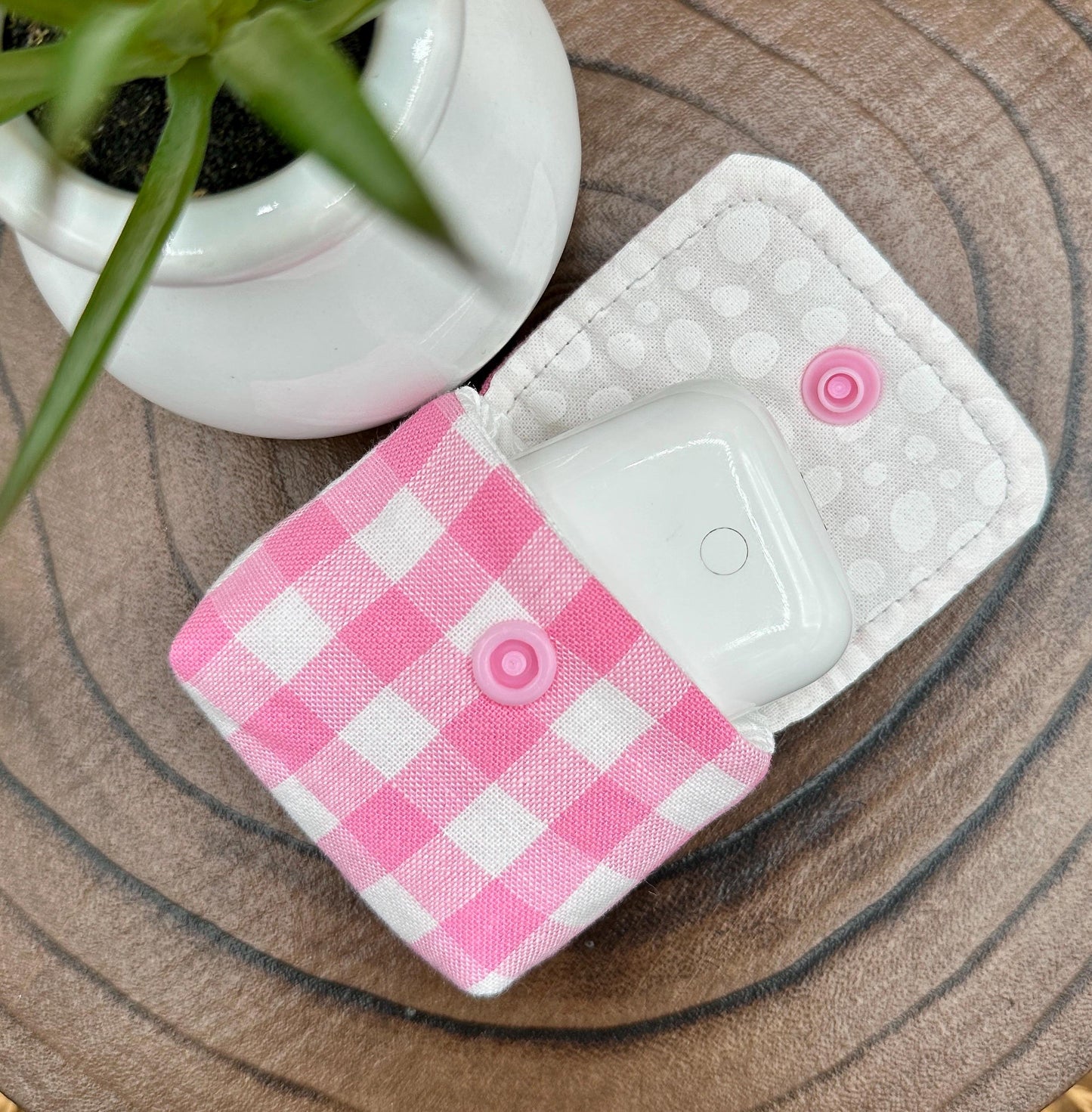 Wireless earbud case, Super Cute Pink Gingham Fabric with snap closure and swivel clasp for added protection and convenience, 3X3X.75"