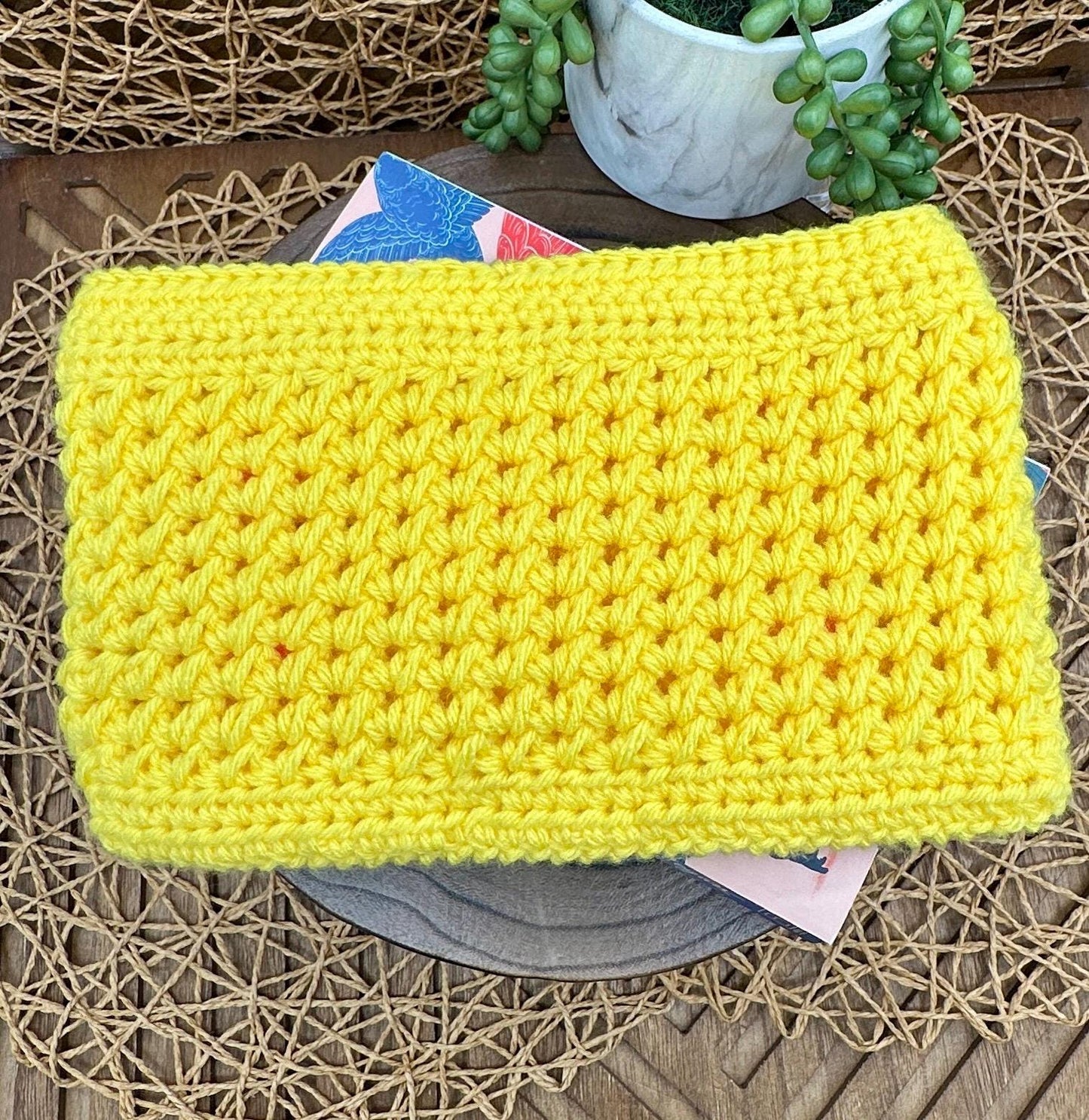 Flower Power Book Sleeve, Soft Crochet in Yellow Yarn with Orange Flowers, Secure Wood Button Closure Measures about 10 X6 "