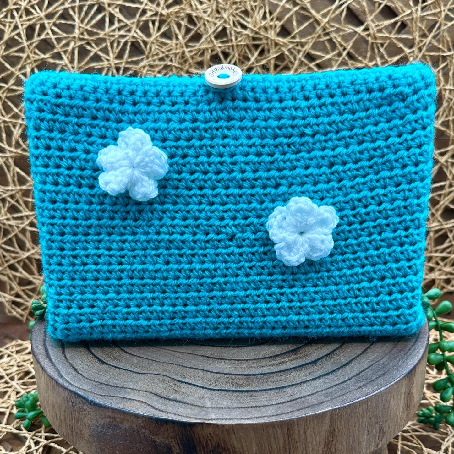 Flower Power Book Sleeve, Soft Crochet in Teal Blue Yarn with White Flowers, Secure Wood Button Closure Measures about 9X6"