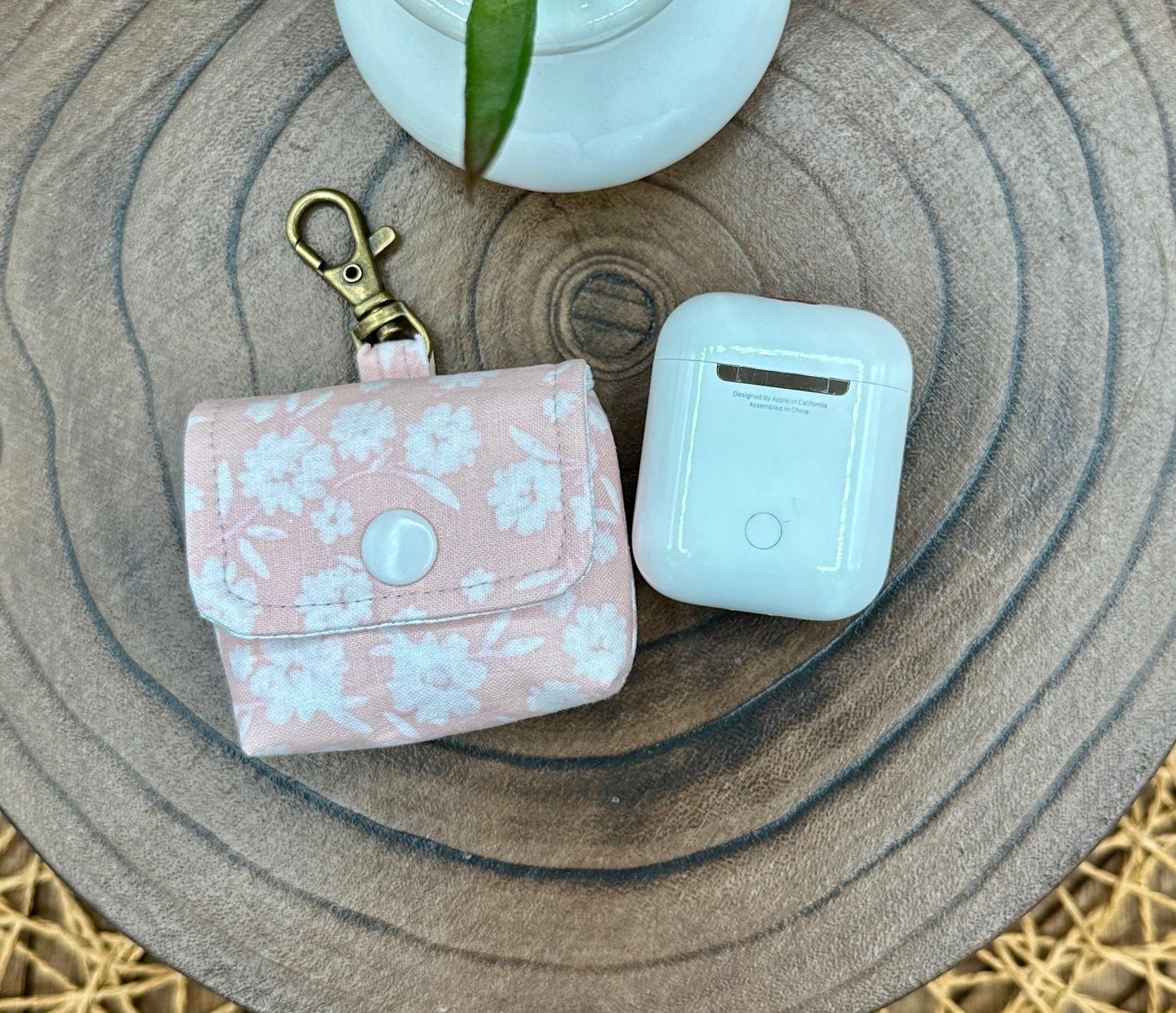 Wireless earbud case, Elegant Pink with Cream Flowers Fabric with Snap Closure and Swivel Clasp for Style and Convenience, 3X3X.75"