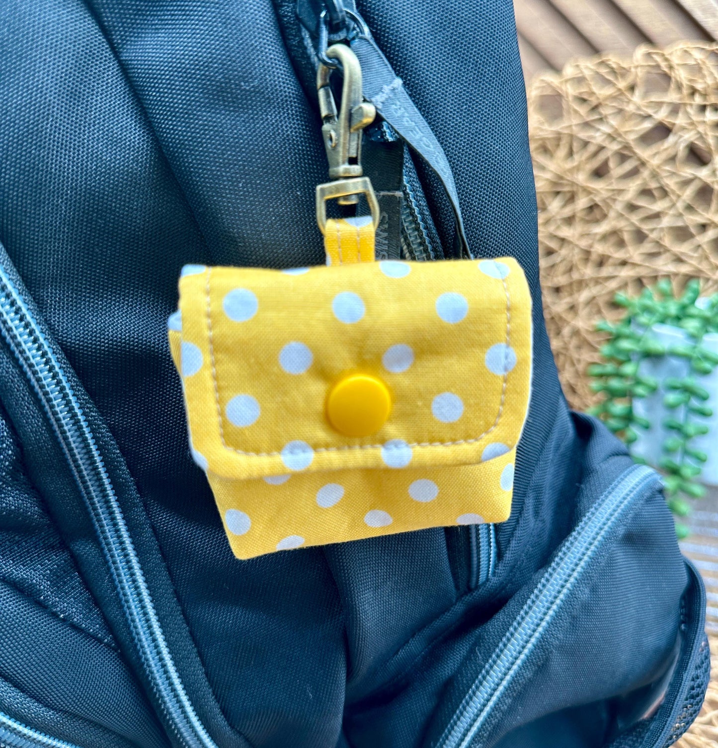 Wireless earbud case, Sunny Yellow with White Polka Dot Fabric with snap closure and swivel clasp for protection and convenience, 3X3X.75"