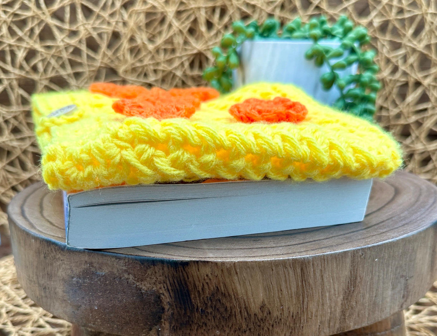 Flower Power Book Sleeve, Soft Crochet in Yellow Yarn with Orange Flowers, Secure Wood Button Closure Measures about 10 X6 "