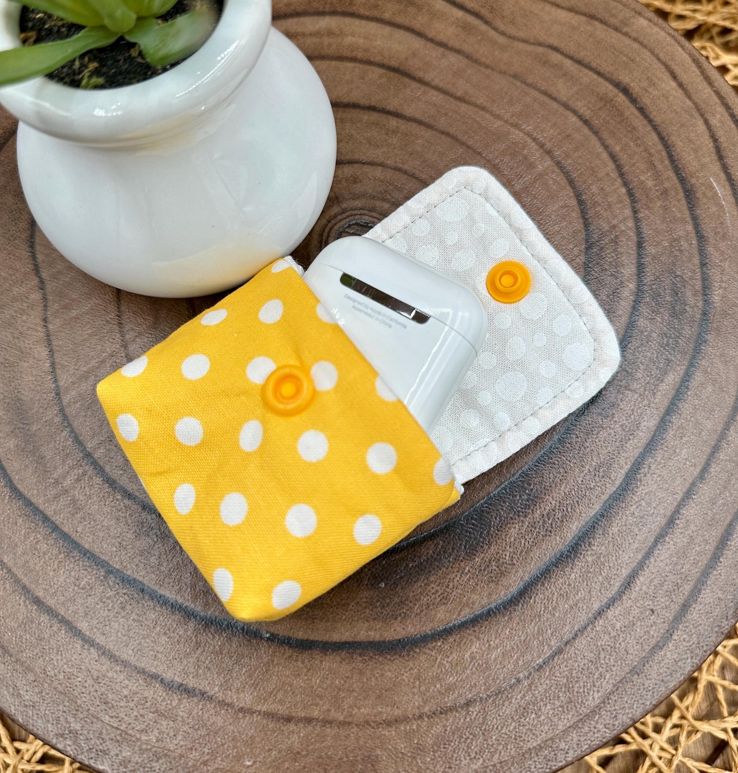 Wireless earbud case, Sunny Yellow with White Polka Dot Fabric with snap closure and swivel clasp for protection and convenience, 3X3X.75"
