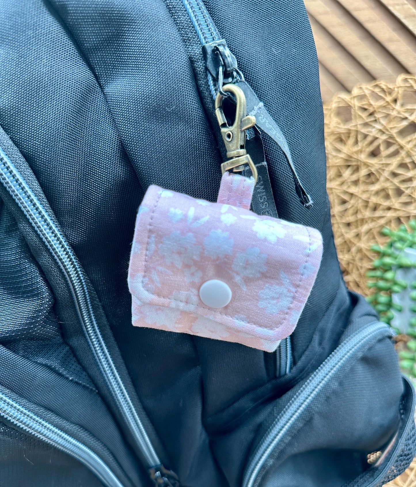 Wireless earbud case, Elegant Pink with Cream Flowers Fabric with Snap Closure and Swivel Clasp for Style and Convenience, 3X3X.75"