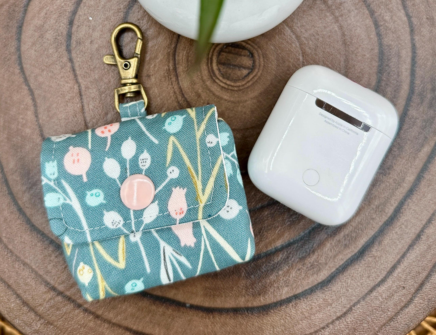 Wireless earbud case, Boho Green Floral fabric with snap closure and swivel clasp for protection and convenience, 3X3X.75"