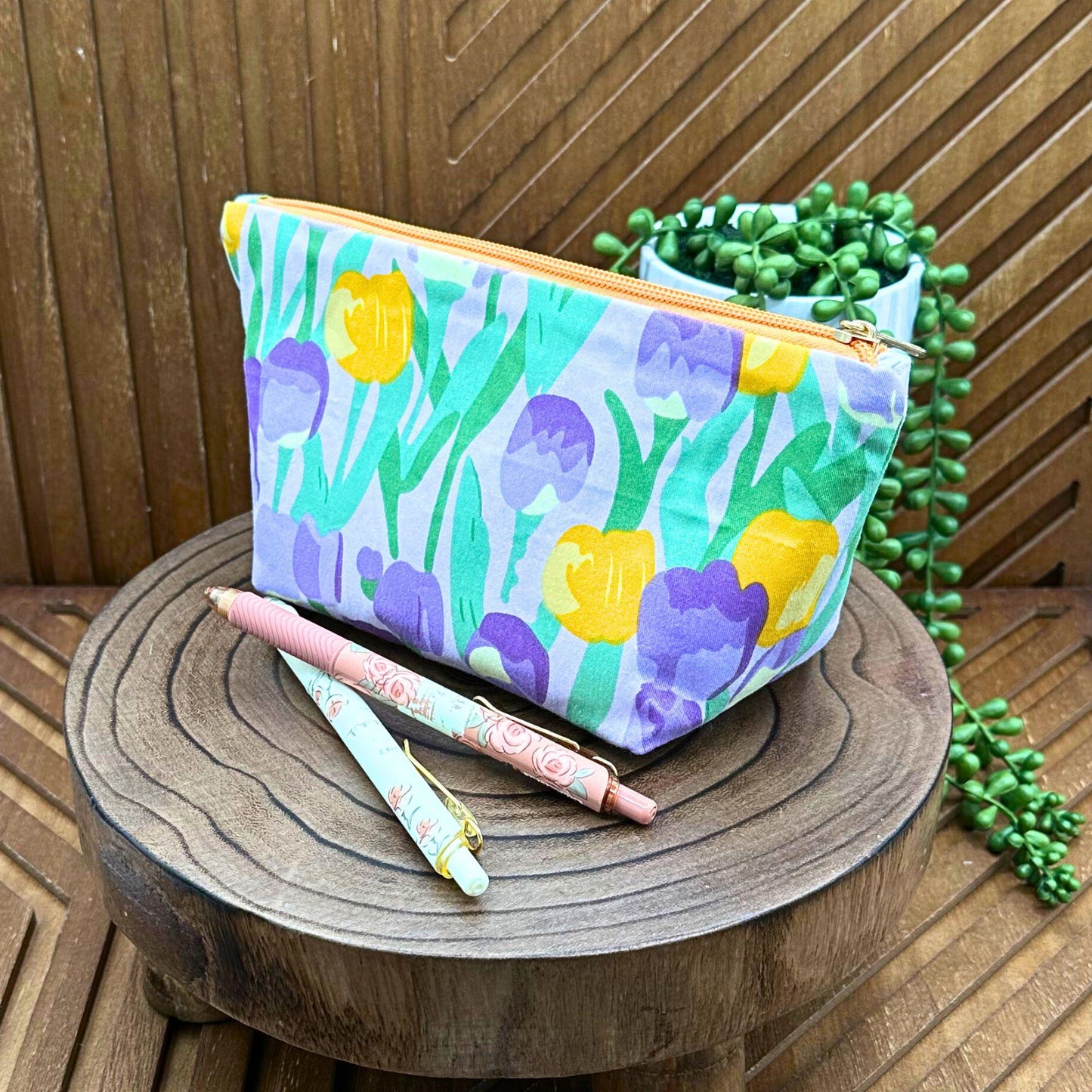 Chic Purple and Yellow Tulip Makeup Bag: Your Go-To Cosmetic and Travel Organizer