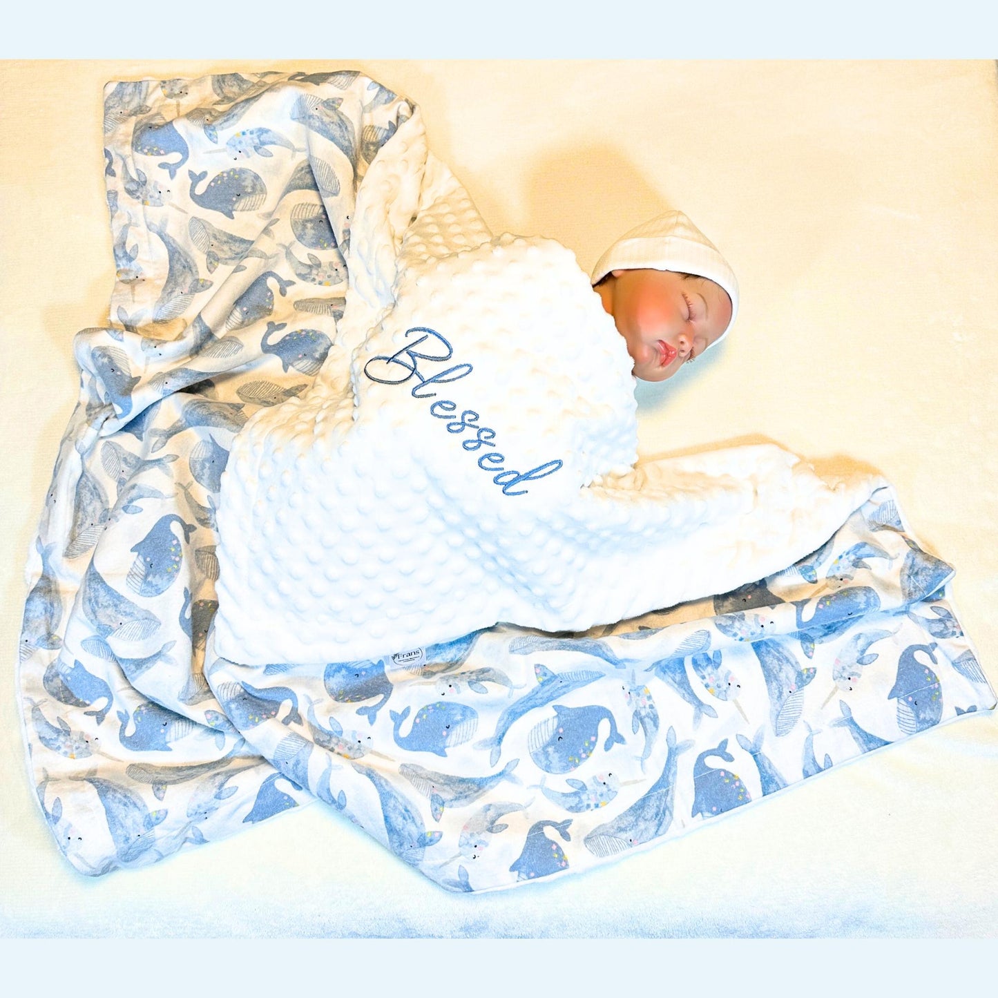 Luxury Whale-Themed Baby Blanket & Burp Cloth Gift Set, Stroller Blanket, Baby Gift Set