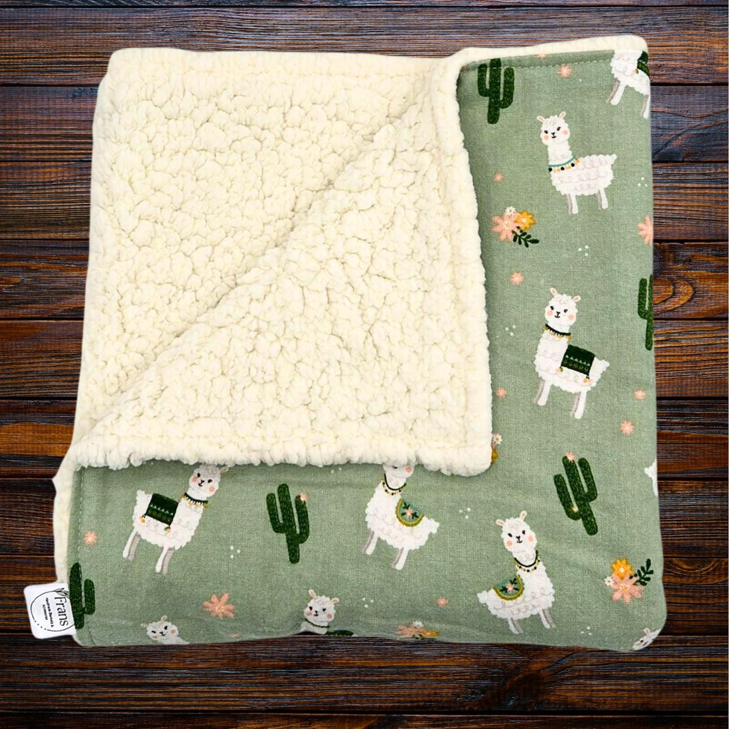 adorable baby llama green cotton flannel print baby blanket with a sherpa fleece on the other side