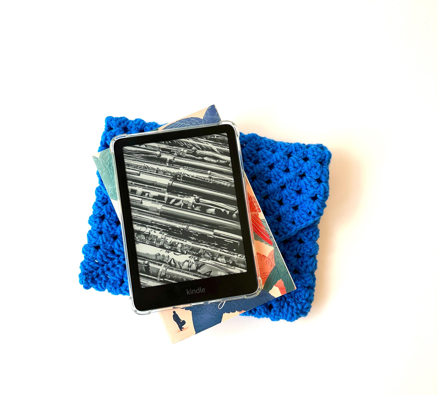 Blue Crocheted Book Sleeve β Envelope Style Cozy for Kindle Paperwhite and or Paperback, Soft Textured Crochet Book Cover, Gift for Readers
