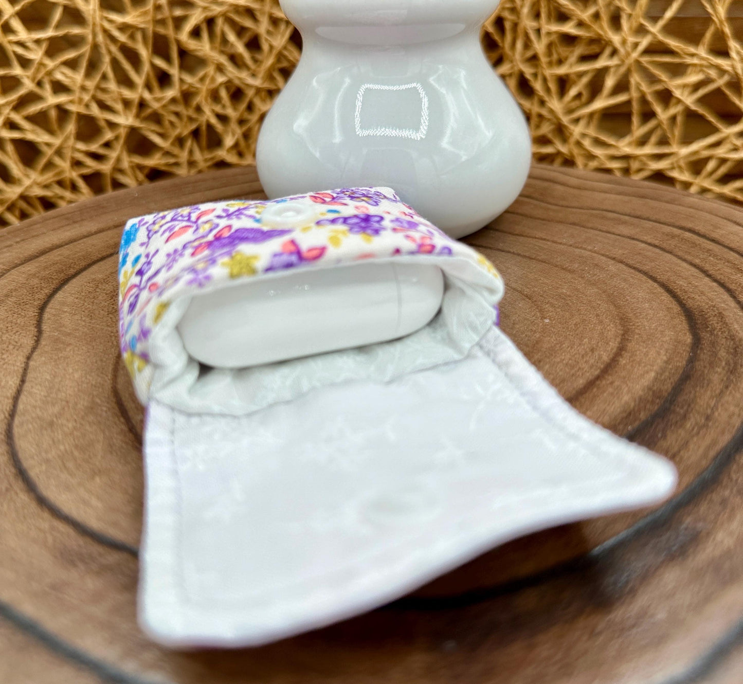 Wireless earbud case, Cute Purple and Yellow floral fabric with snap closure and swivel clasp for added protection and convenience, 3X3X.75"