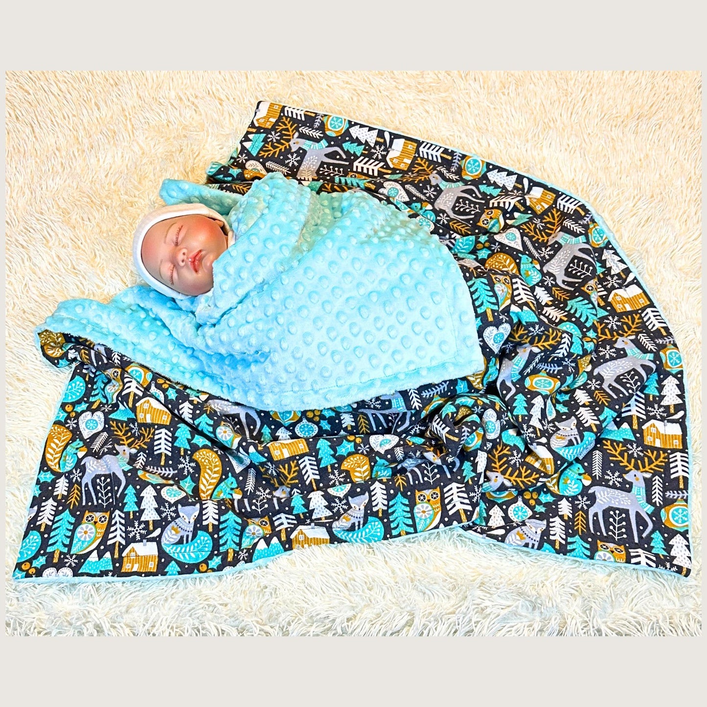 Winter Forest Animal Minky Blanket & Burp Cloth Duo – Snuggly Baby Gift Set